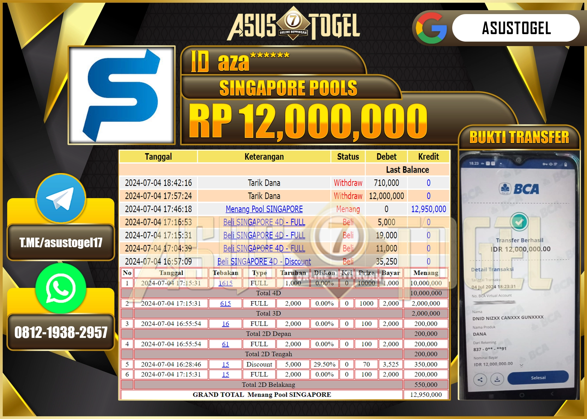 ASUSTOGEL KEMENANGAN DI SINGAPORE POOLS SEBESAR 12,000,000-LUNAS