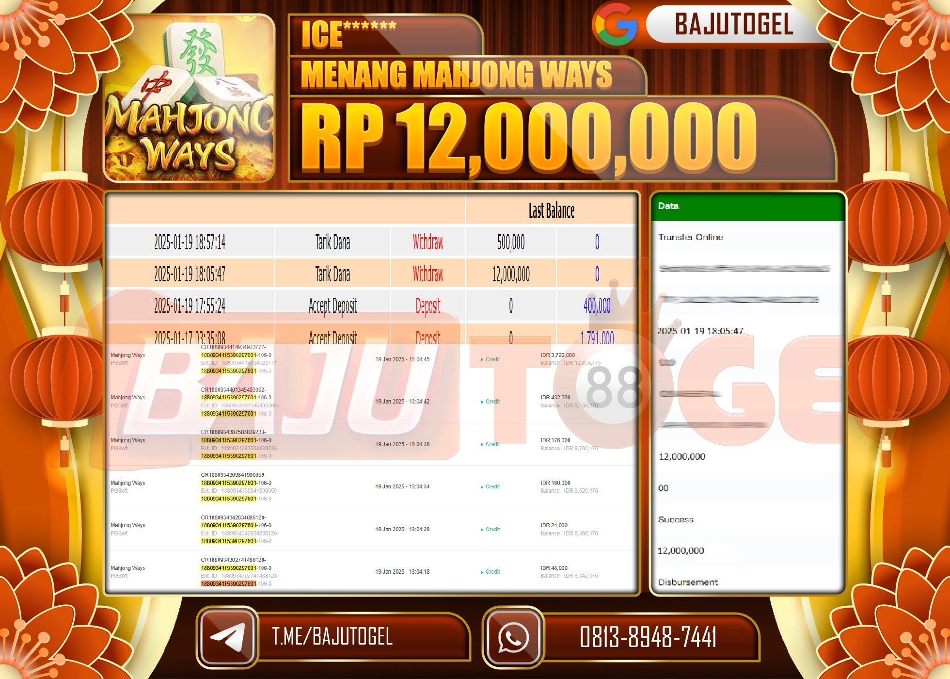 BAJUTOGEL KEMENANGAN MAHJONG WAYS Rp.12.000.000 LUNAS