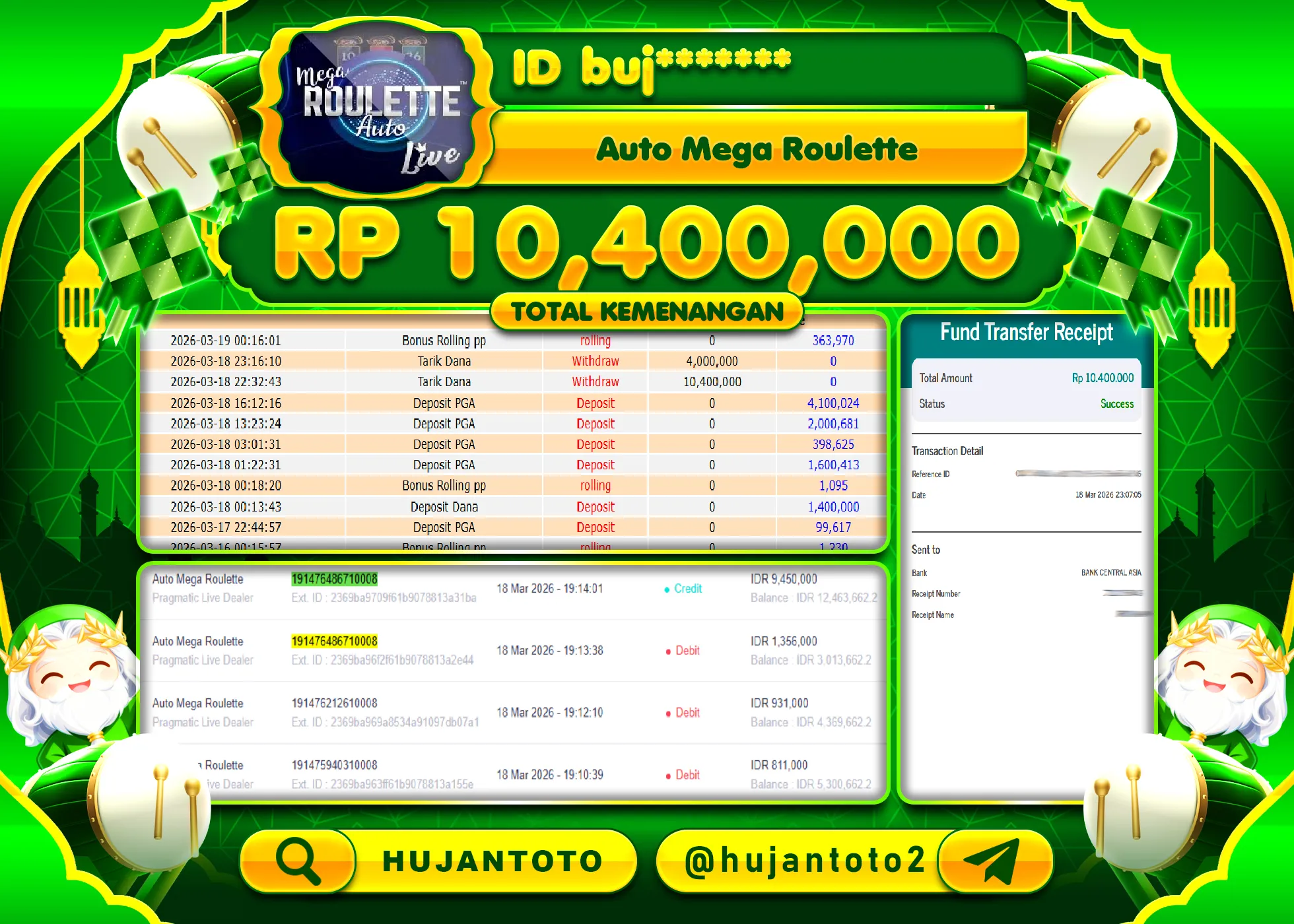 HUJANTOTO - BUKTI JACKPOT MENANG LIVEGAME AUTO MEGA ROULETTE Rp.10,400,000 - TERBAYAR LUNAS