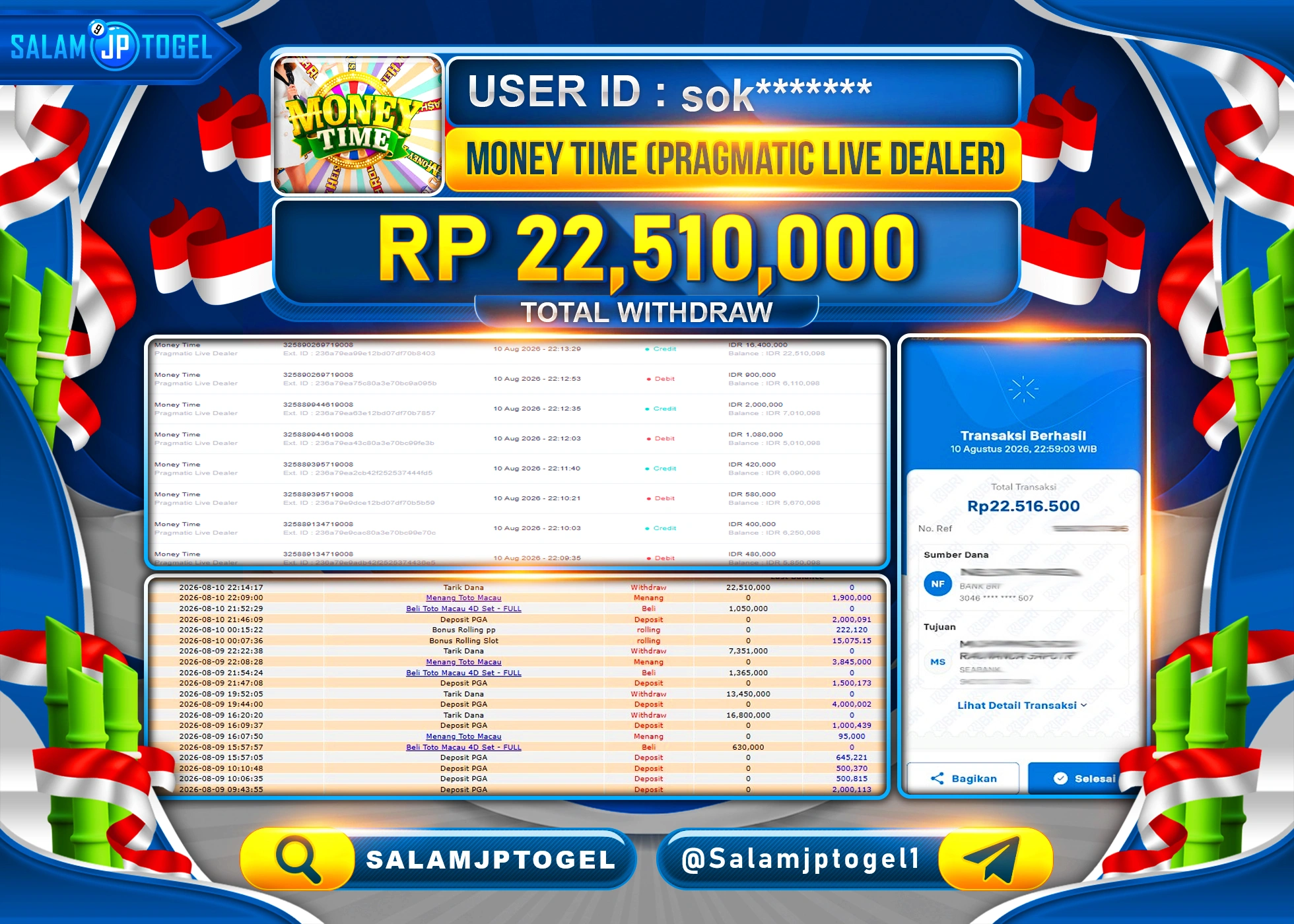 SALAMJPTOGEL JACKPOT MENANG LIVEGAMES MONEY TIME Rp.22,510,000 - LUNAS