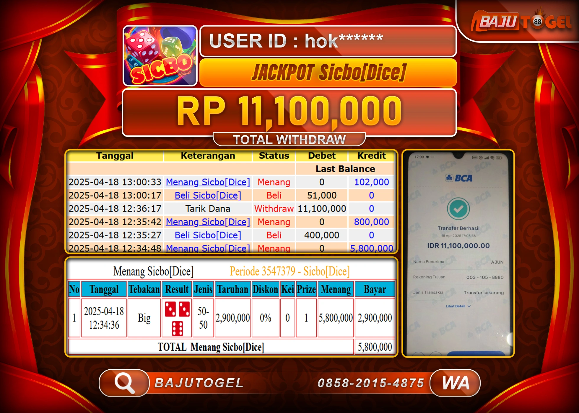 BAIM4D  MENANG JACKPOT SICBO DICE Rp.11.100,000.- LUNAS