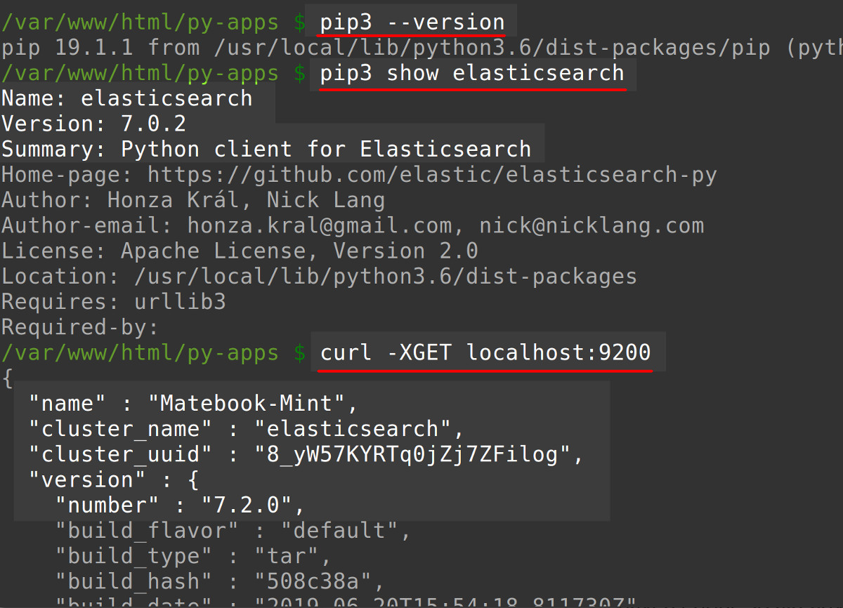 Terminal screenshot using cURL and PIP3 to get information on Elasticsearch