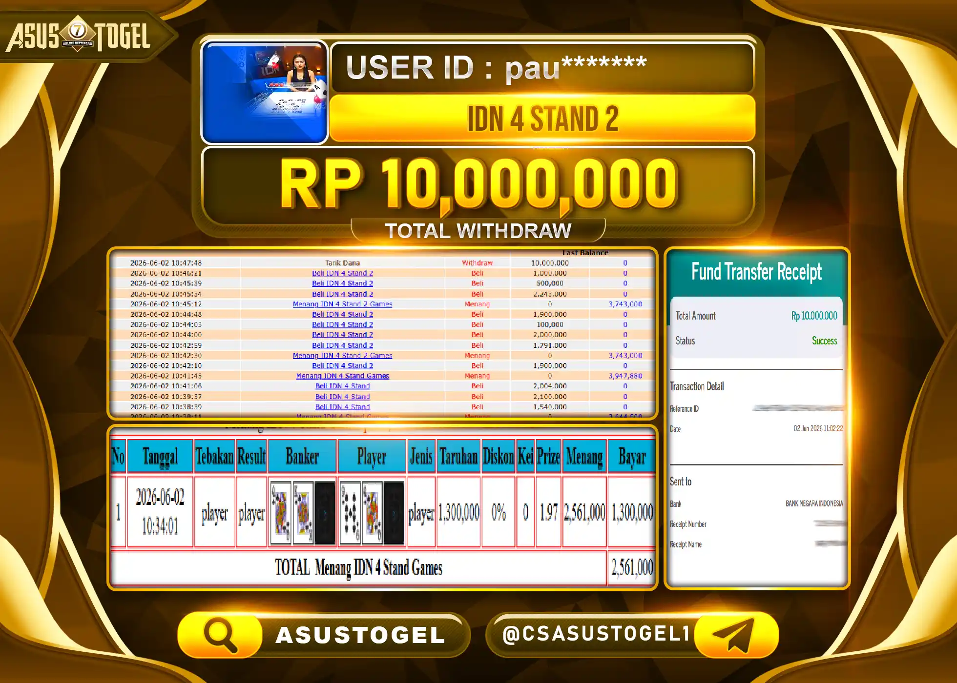 ASUSTOGEL KEMENANGAN JACKPOT PERMAINAN LIVEGAMES IDN 4 STAND 2 Rp.10,000,000 - RUPIAH LUNAS