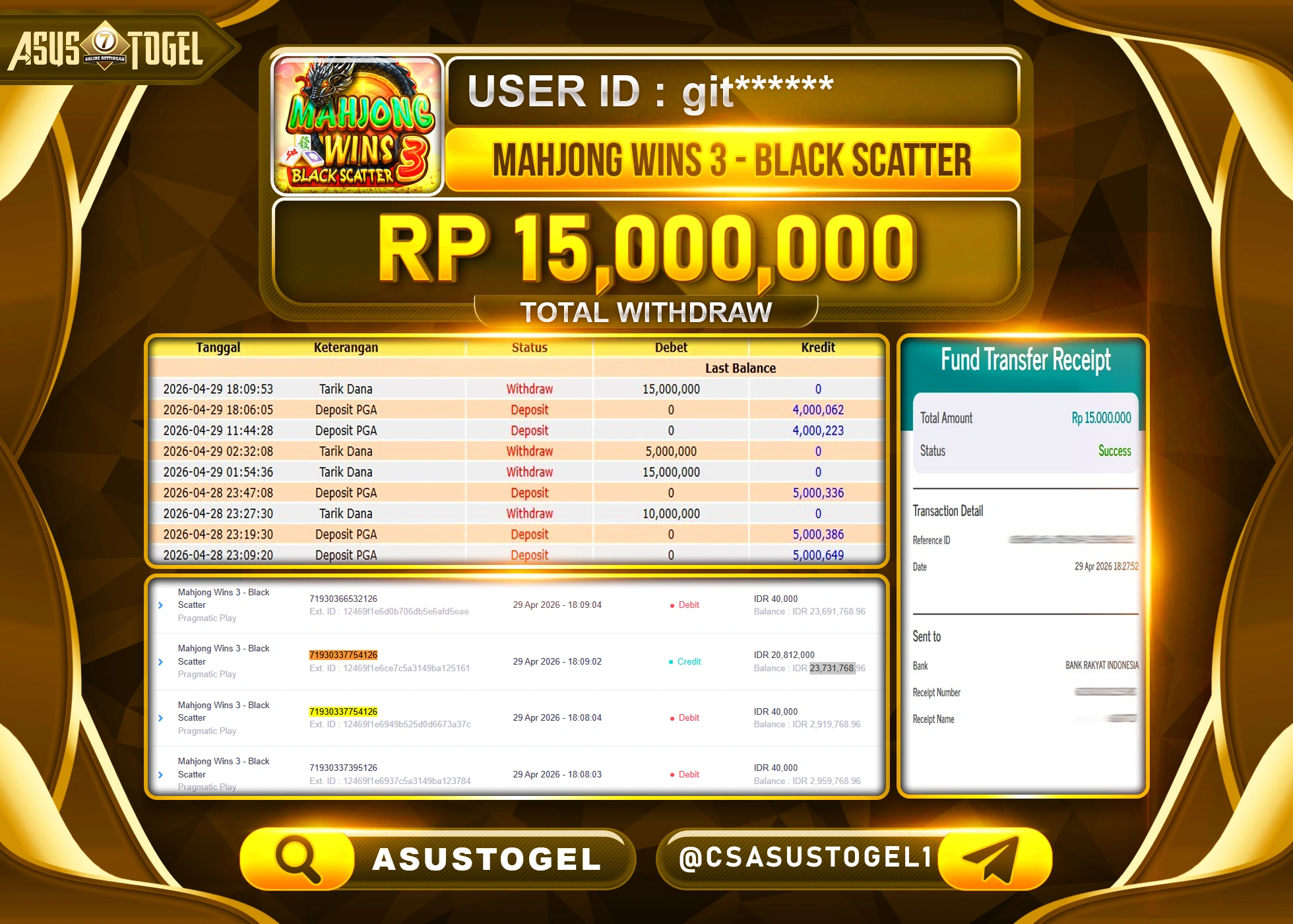 ASUSTOGEL KEMENANGAN JACKPOT DI PERMAINAN MAHJONG WINS 3 SEBESAR Rp.15,000,000 - RUPIAH LUNAS