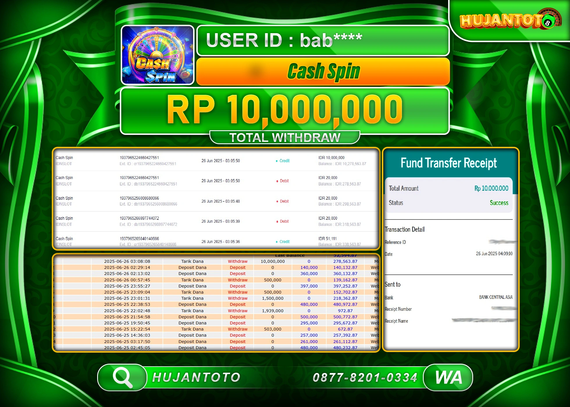 HUJANTOTO - BUKTI JACKPOT MENANG SLOT CASH SPIN GAMES Rp.10,000,000 - TERBAYAR LUNAS
