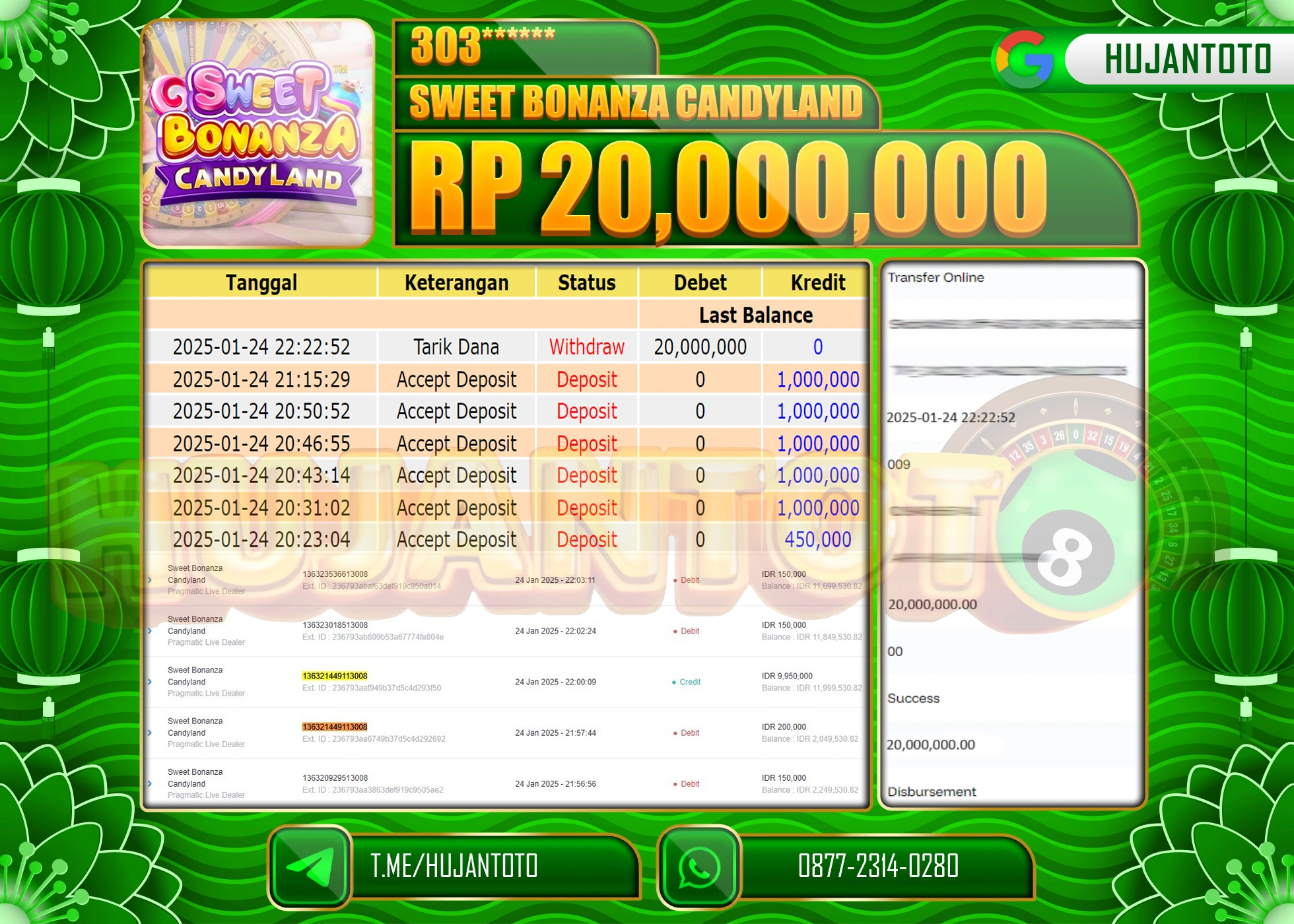 HUJANTOTO - BUKTI JACKPOT DI SWEET BONANZA CANDYLAND Rp,20,000,000 - TERBAYAR LUNAS