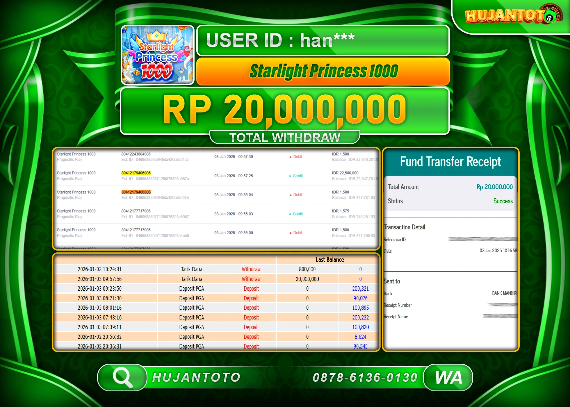 HUJANTOTO - BUKTI JACKPOT MENANG SLOT STARLIGHT PRINCESS 1000 Rp.20,000,000 - TERBAYAR LUNAS