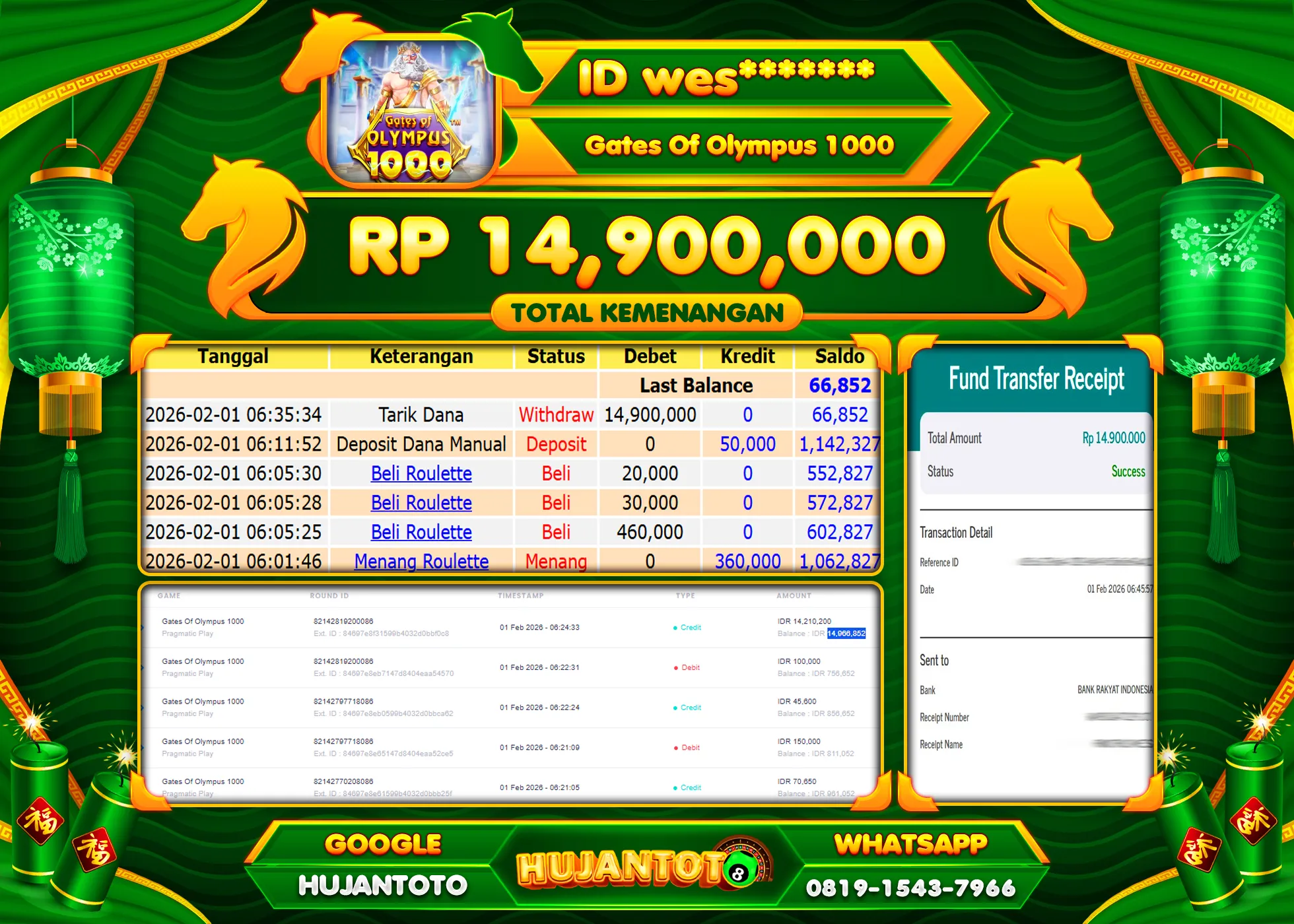 HUJANTOTO - BUKTI JACKPOT MENANG SLOT GATES  OF OLYMPUS 1000 Rp.14,900,000 - TERBAYAR LUNAS