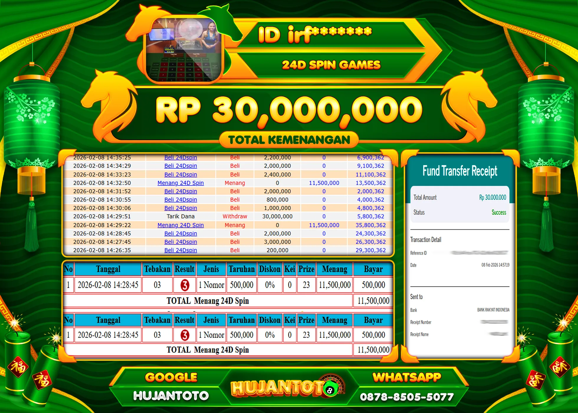 HUJANTOTO - BUKTI JACKPOT MENANG LIVEGAME 24D SPIN Rp.30,000,000 - TERBAYAR LUNAS