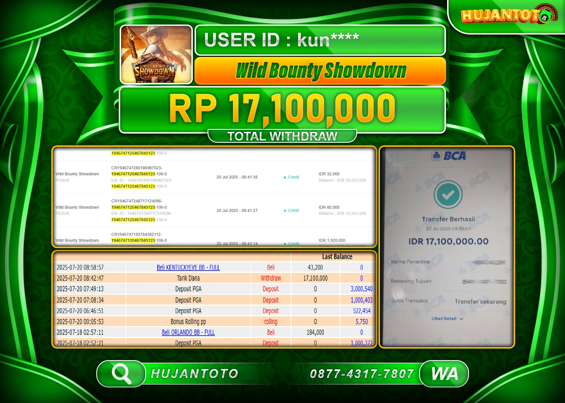 HUJANTOTO - BUKTI JACKPOT KEMENANGAN SLOT WILD BOUNTY  SHOWDOWN Rp.17,100,000 - TERBAYAR LUNAS