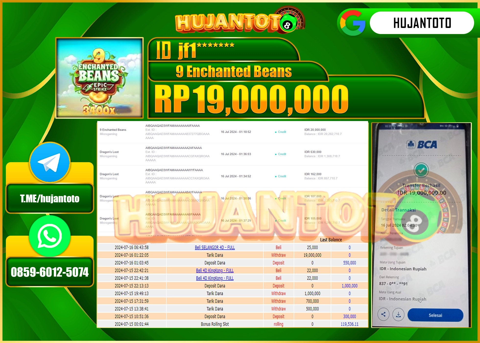 HUJANTOTO MENANG SLOT 9 ENCHANTED BEANS  19.000.000 - LUNAS 