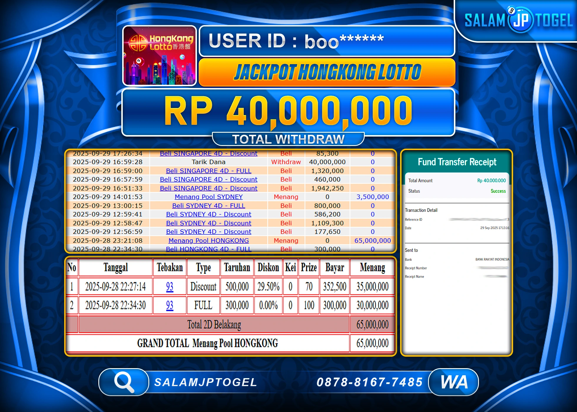 SALAMJPTOGEL MENANG JACKPOT HONGKONG LOTTO RP. 40,000,000 - LUNAS