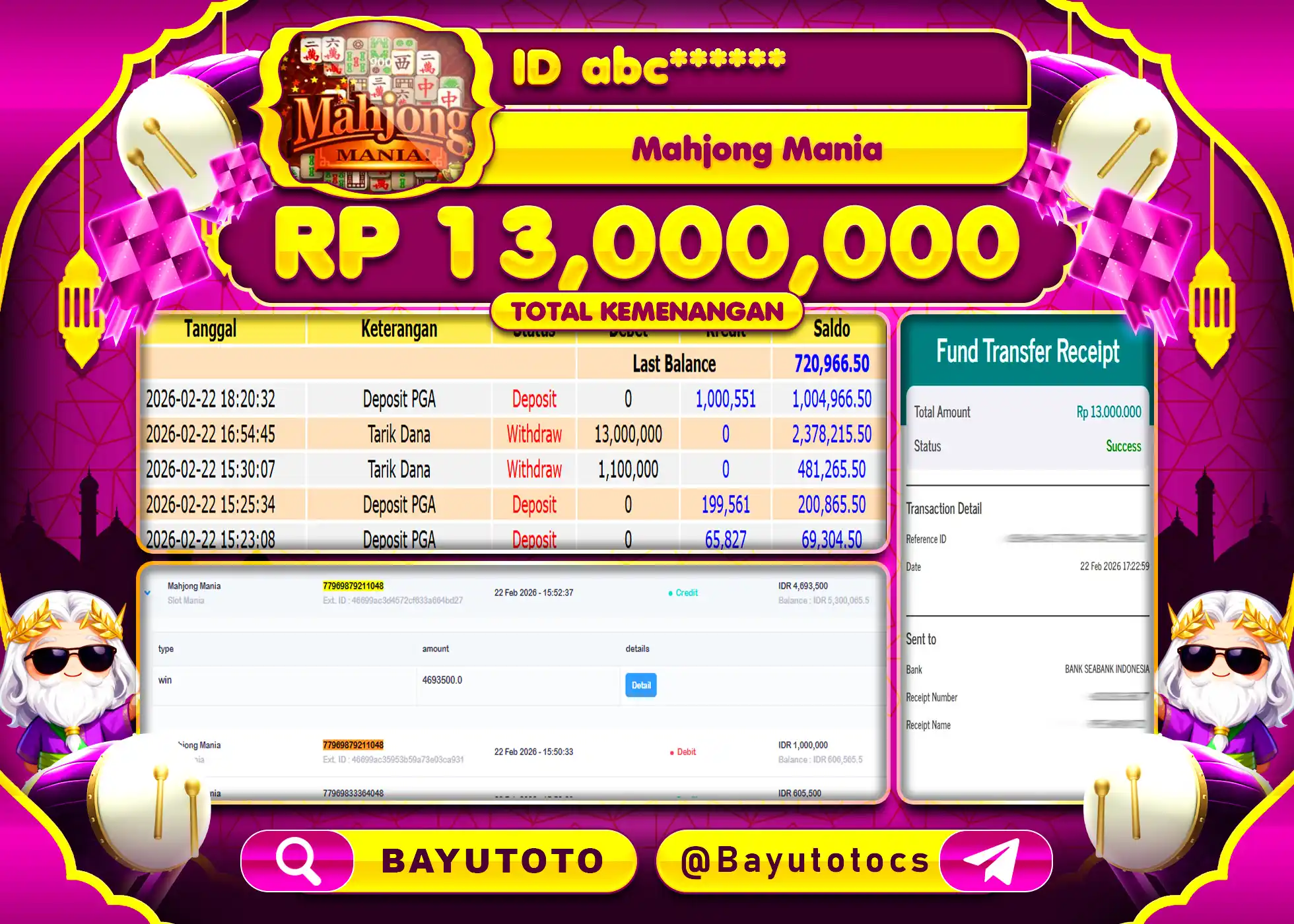 SELAMAT MEMBER SETIA BAYUTOTO JACKPOT DI Mahjong Mania ( Slot Mania ) Rp. 13,000,000 LUNAS