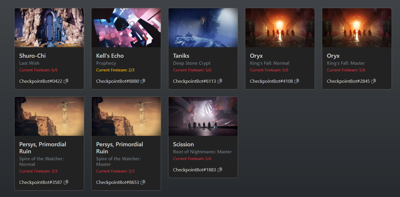 A screenshot of the Checkpoint Bot website in Destiny 2.