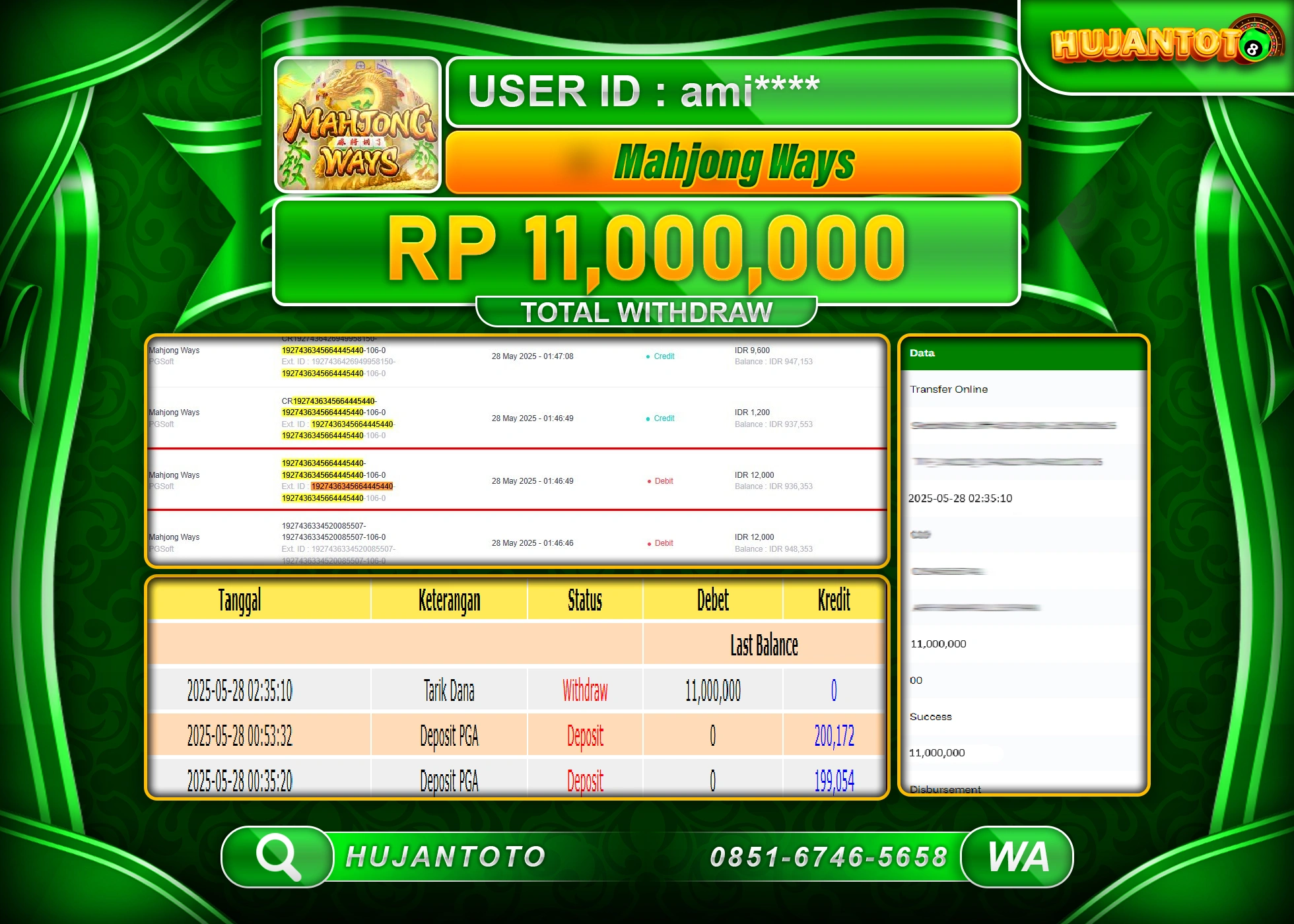 HUJANTOTO - BUKTI JACKPOT MENANG SLOT MAHJONG WAYS Rp.11,000,000 - TERBAYAR LUNAS