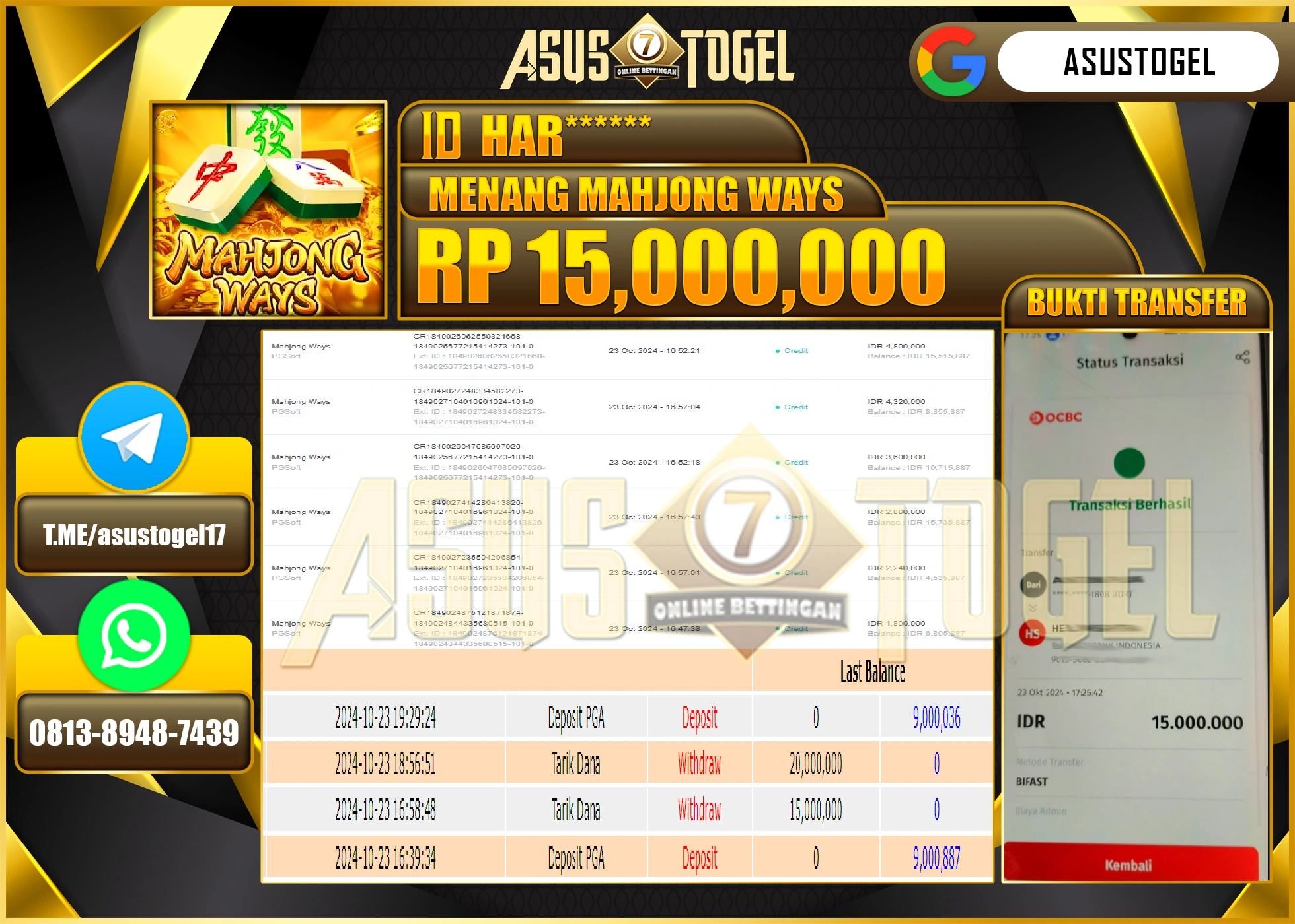 ASUSTOGEL KEMENANGAN DI GAMES MAHJONG WAYS  SEBESAR 15,000,000- RUPIAH LUNAS