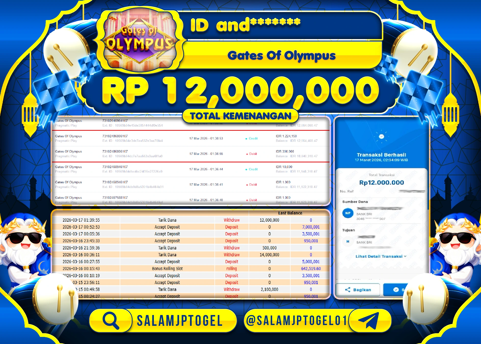SALAMJPTOGEL MENANG JACKPOT Gates Of Olympus(Pragmatic Play) Rp.12,000,000 - LUNAS