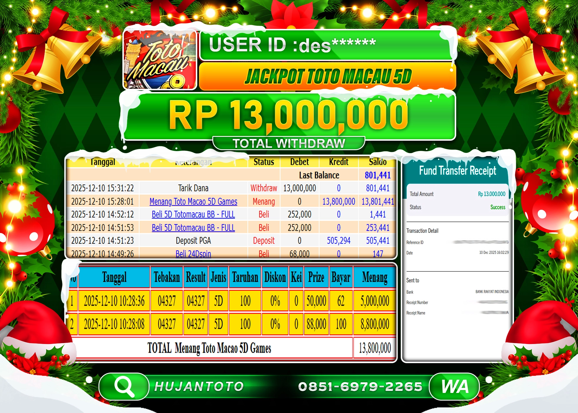 HUJANTOTO - BUKTI JACKPOT MENANG GAME TOGEL TOTO MACAU 5D Rp.13,000,000 - TERBAYAR LUNAS