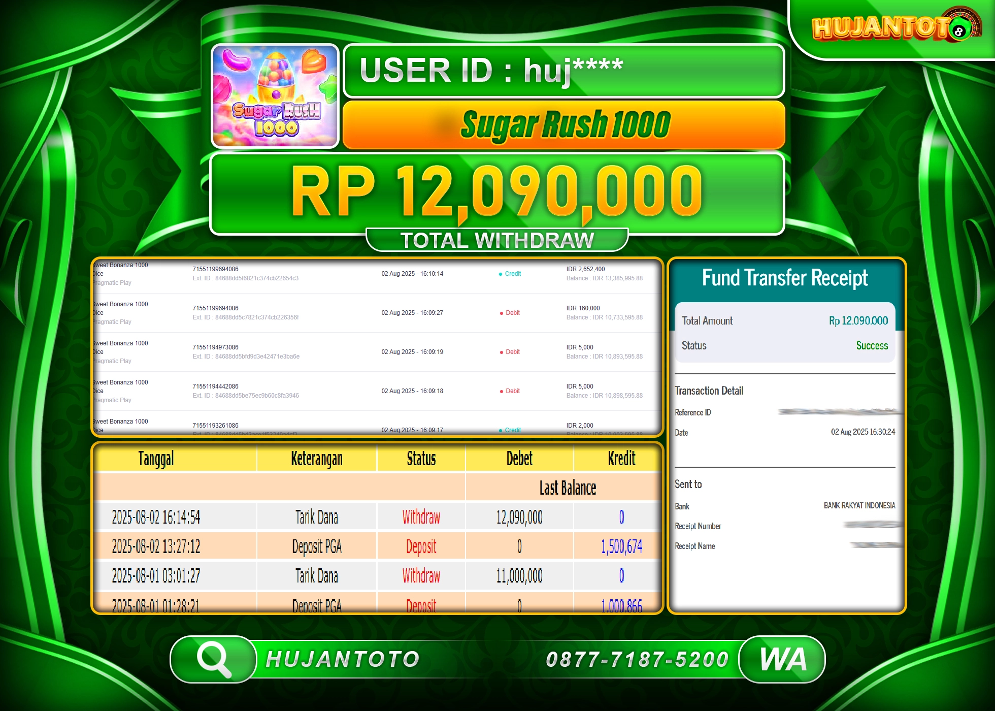 HUJANTOTO - BUKTI JACKPOT MENANG SLOT SUGAR RUSH 1000 Rp.12,090,000 - TERBAYAR LUNAS