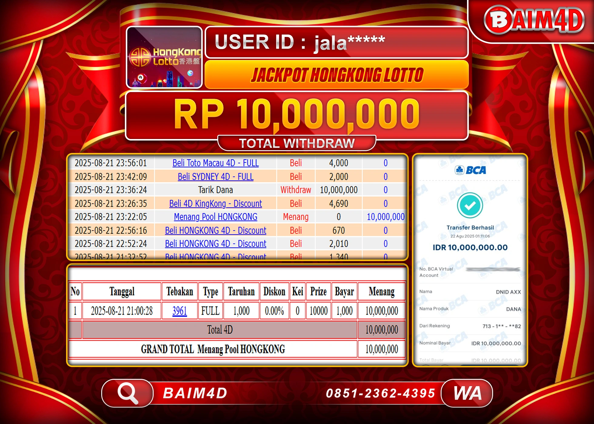 BAIM4D JACKPOT MENANG TOGEL HONGKONG LOTTO Rp.10.000,000.- LUNAS