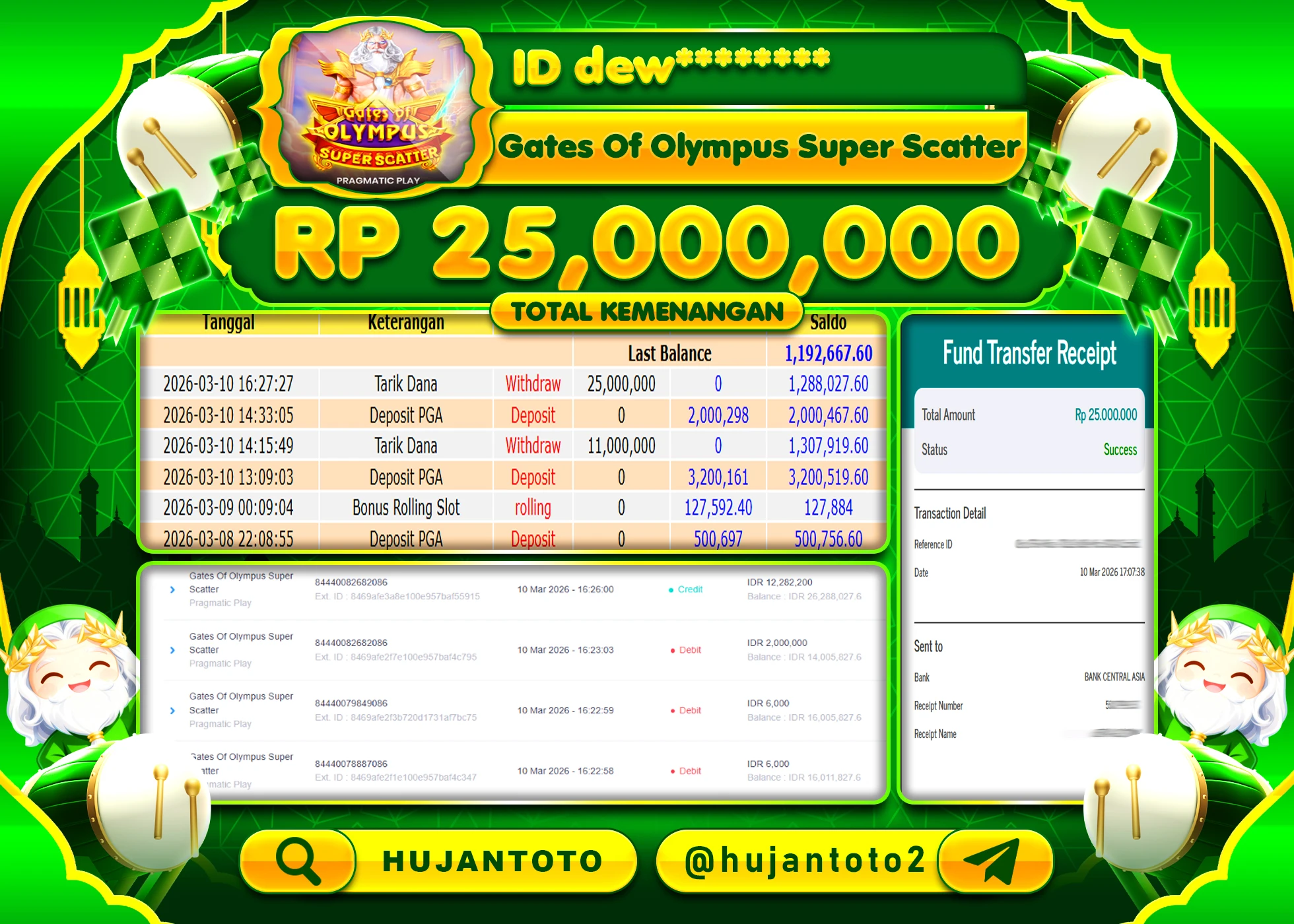 HUJANTOTO - BUKTI JACKPOT MENANG SLOT GATES  OF OLYMPUS SUPER SCATER Rp.25,000,000 - TERBAYAR LUNAS