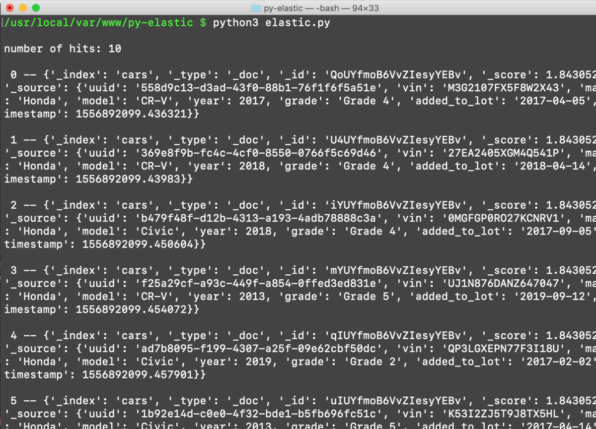 Screenshot of terminal using Python's Enumerate() method to iterate a list that Elasticsearch returned from a query