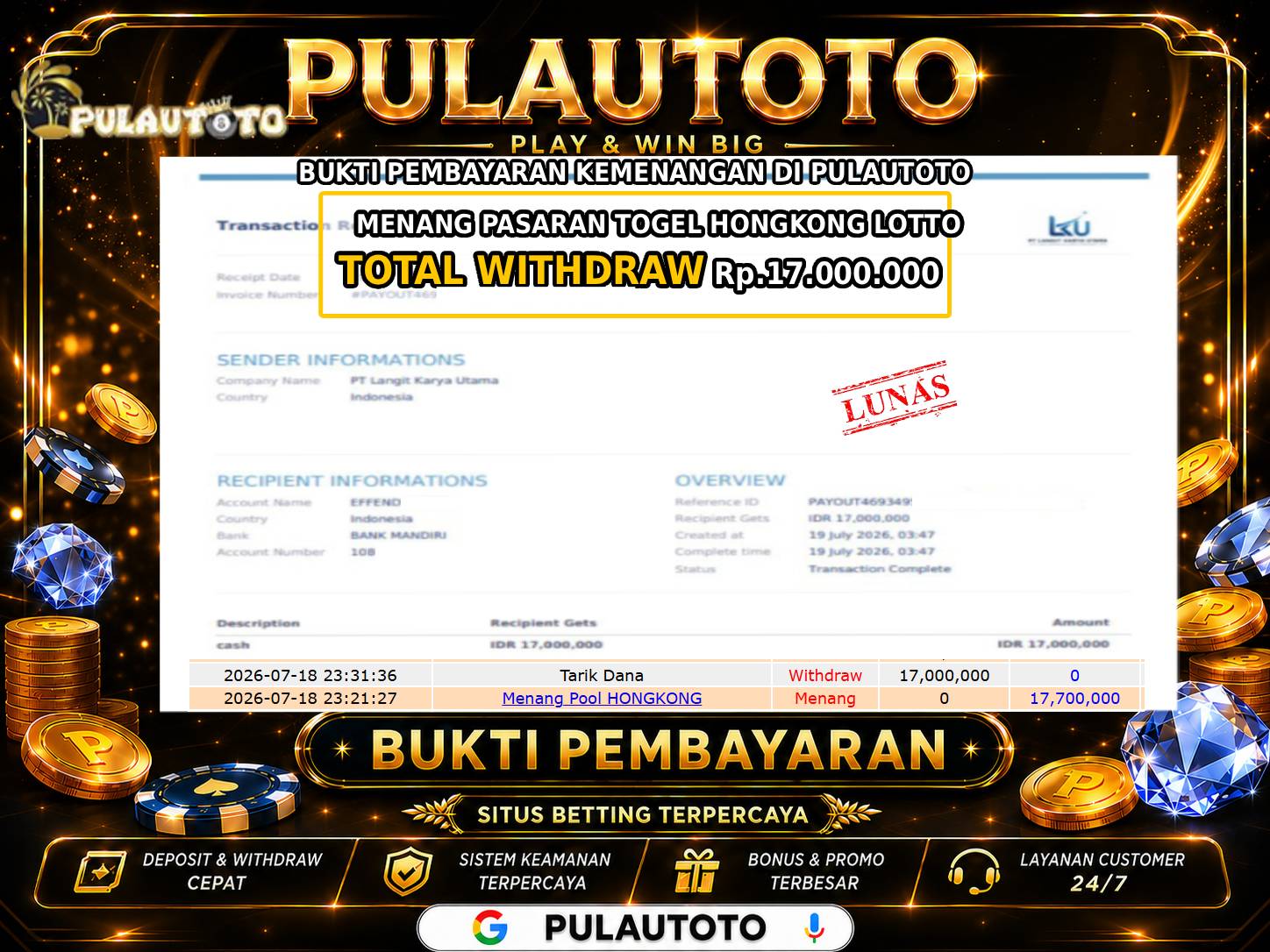 🏆 BUKTI KEMENANGAN MEMBER PULAUTOTO TOGEL HONGKONG LOTTO🏆