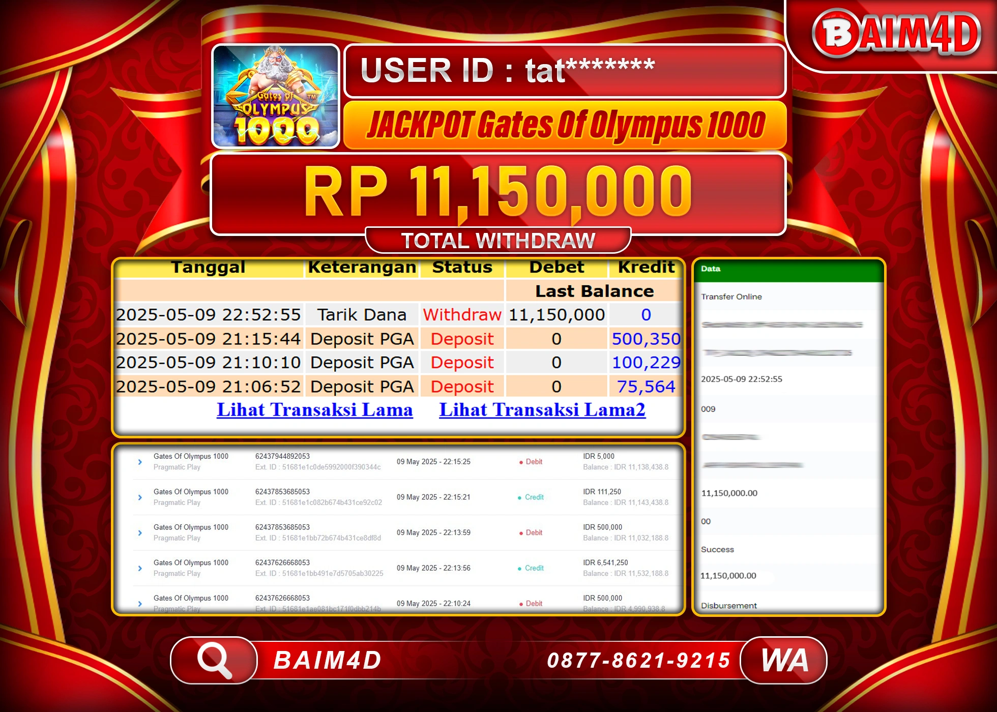 BAIM4D MENANG JACKPOT  GATES OF OLYMPUS  1000 Rp.11.150,000.- LUNAS
