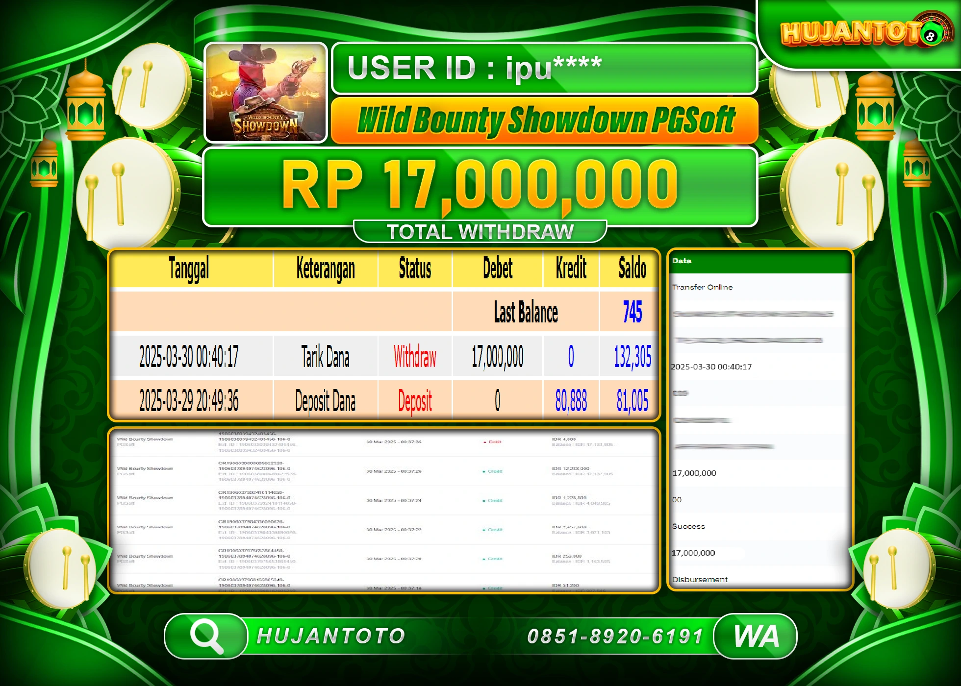 HUJANTOTO - BUKTI JACKPOT MENANG SLOT WILD BOUNTY SHOWDOWN Rp,17,000,000 - TERBAYAR LUNAS