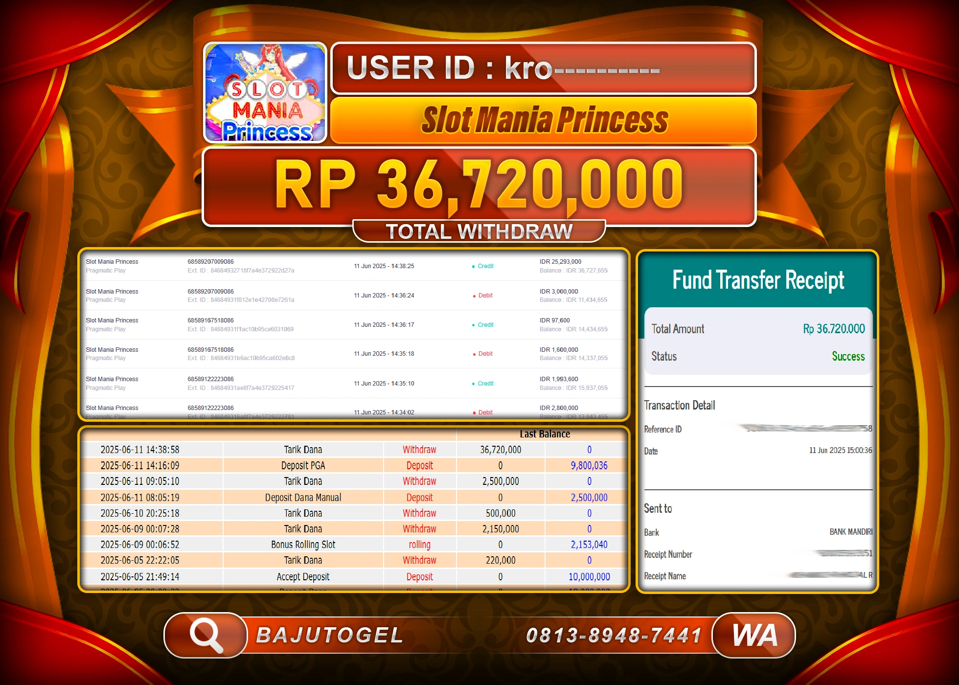 BAJUTOGEL KEMENANGAN SLOT MANIA PRINCESS Rp.36.720.000 LUNAS