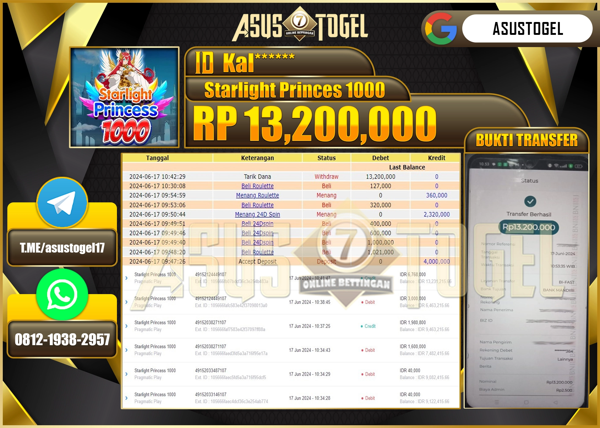 ASUSTOGEL KEMENANGAN STARLIGHT PRINCESS 1000 13,200,000-LUNAS