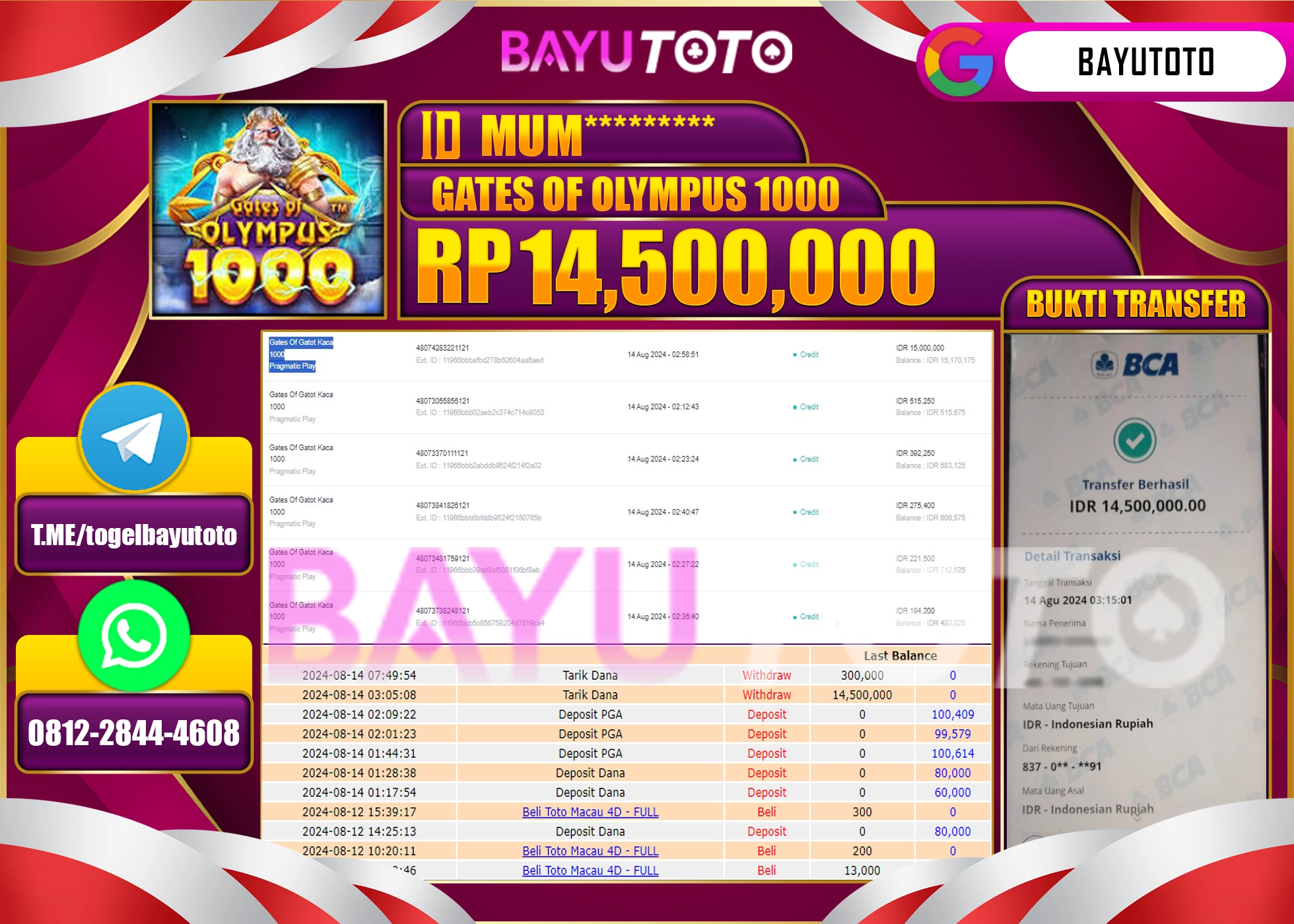 BAYUTOTO MENANG SLOT GATES OF OLYMPUS 1000 14.500.000 - LUNAS