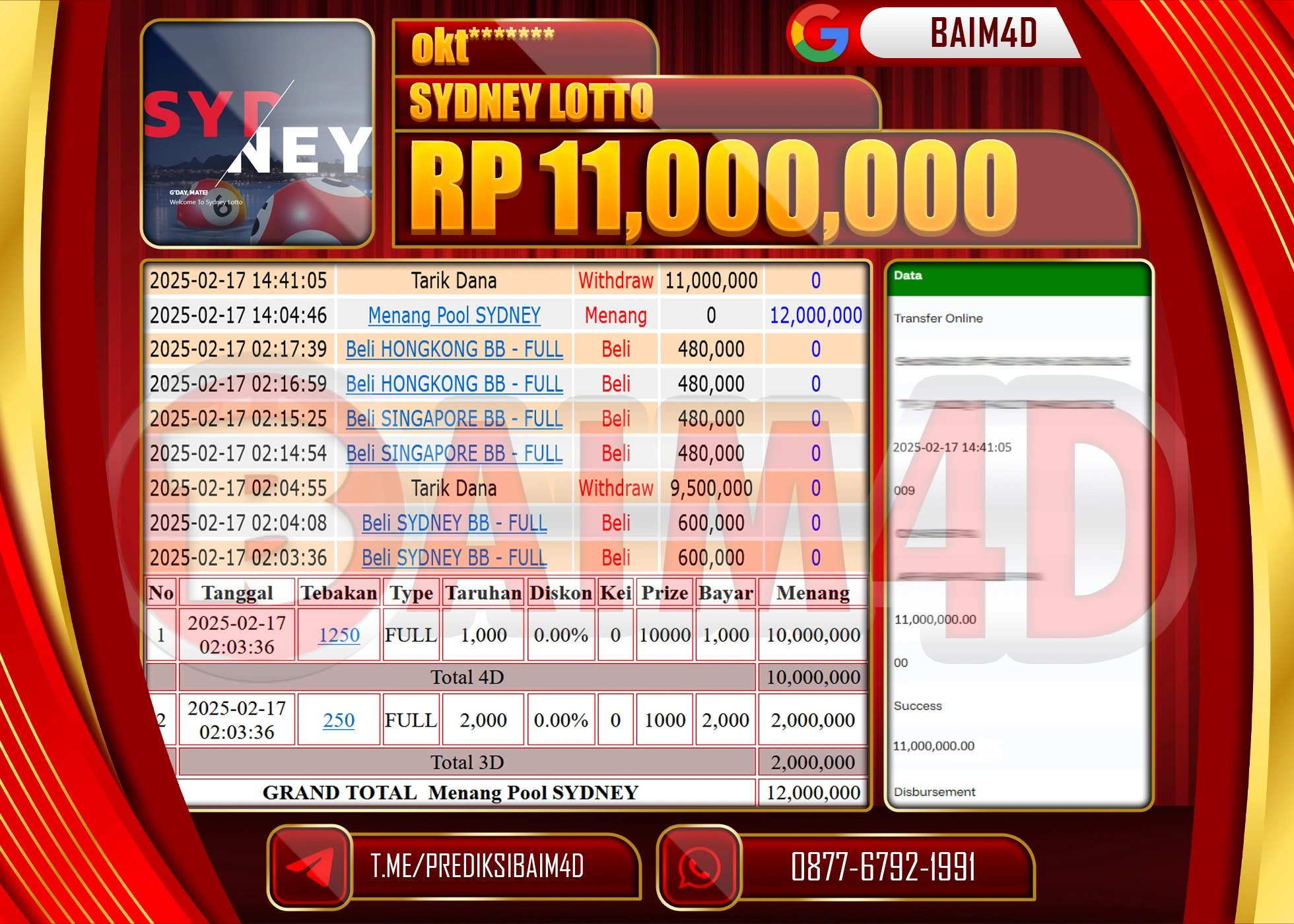 BAIM4D MENANG  MENANG SYDNEY LOTTO  Rp.11.000,000.