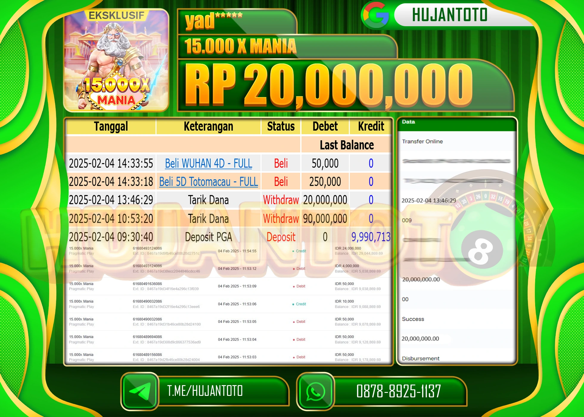 HUJANTOTO - BUKTI JACKPOT MENANG SLOT 15.000X MANIA Rp,20,000,000  - TERBAYAR LUNAS