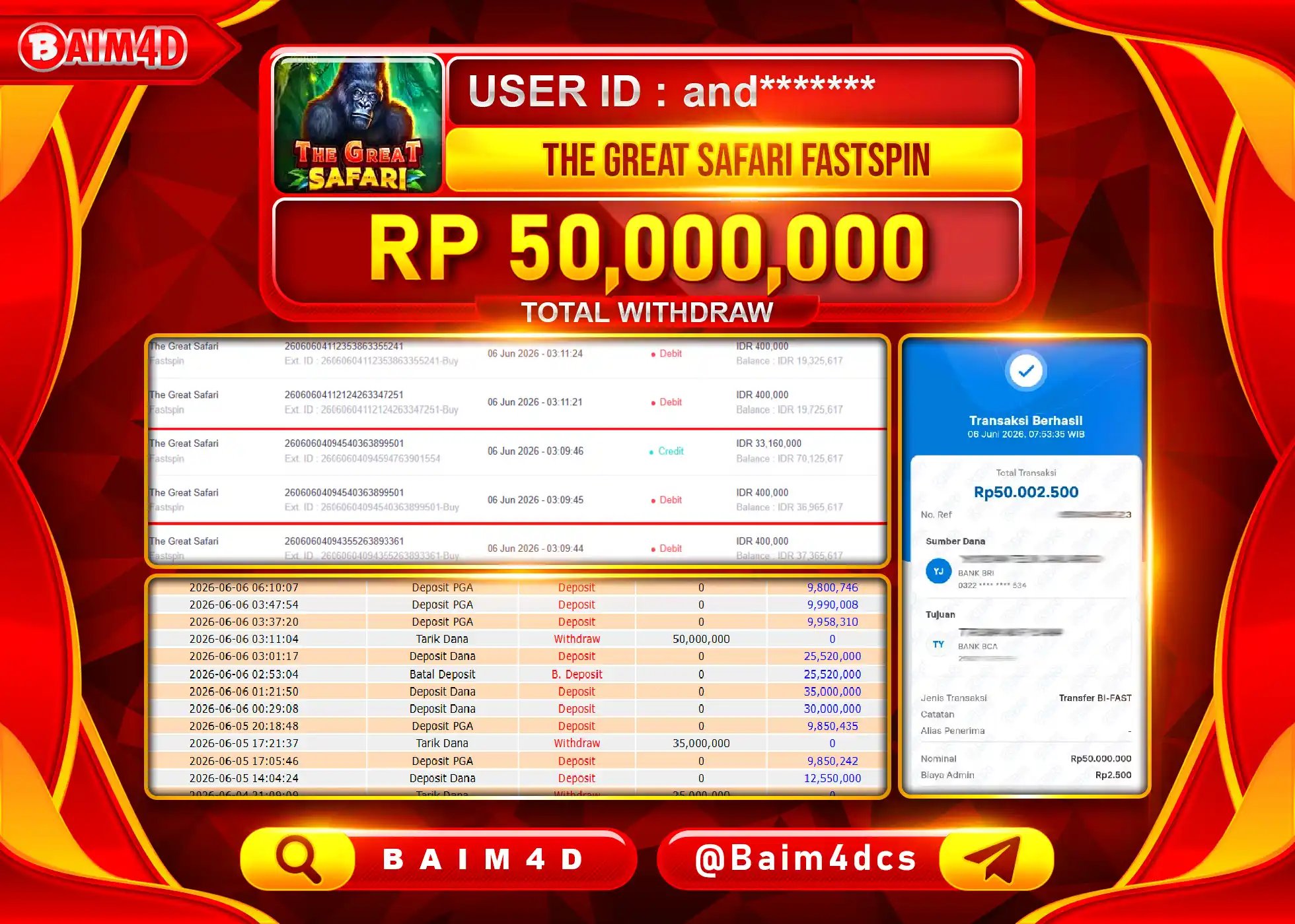 BAIM4D JACKPOT THE GREAT SAFARI FASTSPIN Rp.50,000,000 - LUNAS