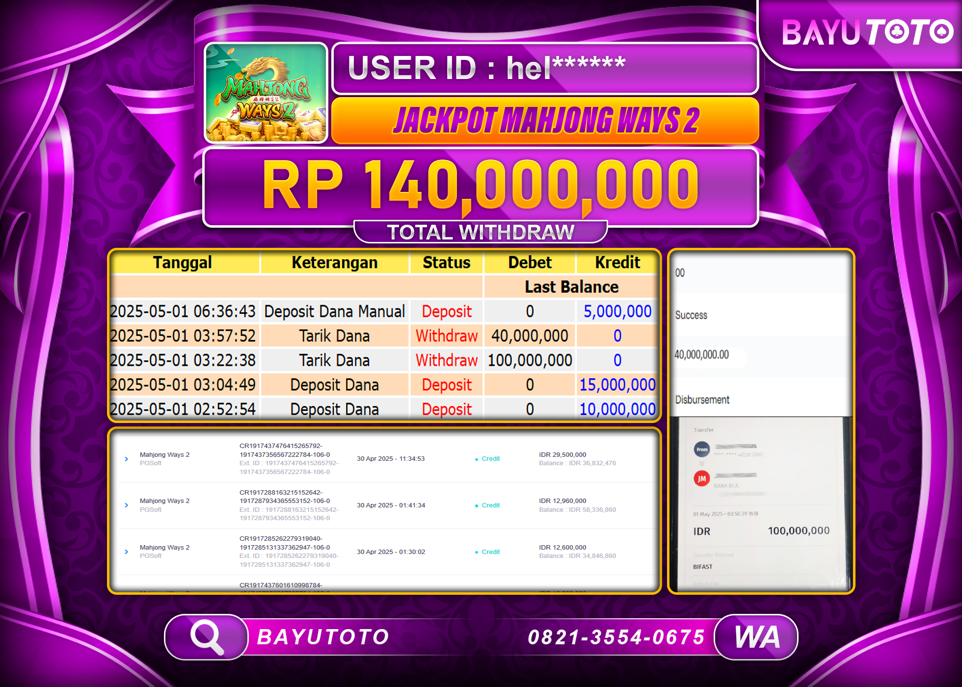 BAYUTOTO JACKPOT  DI GAME MAHJONG WAYS 2  Rp.140.000.000 LUNAS