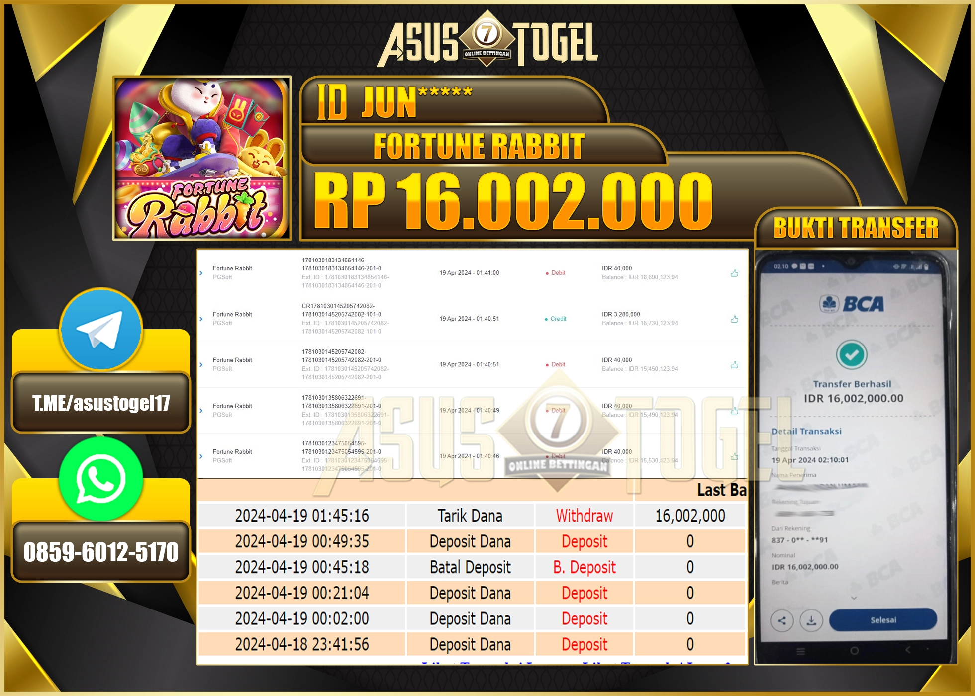 ASUSTOGEL KEMENANGAN BESAR GAME FORTUNE RABBIT 16.002.000 BERHASIL TERBAYAR LUNAS