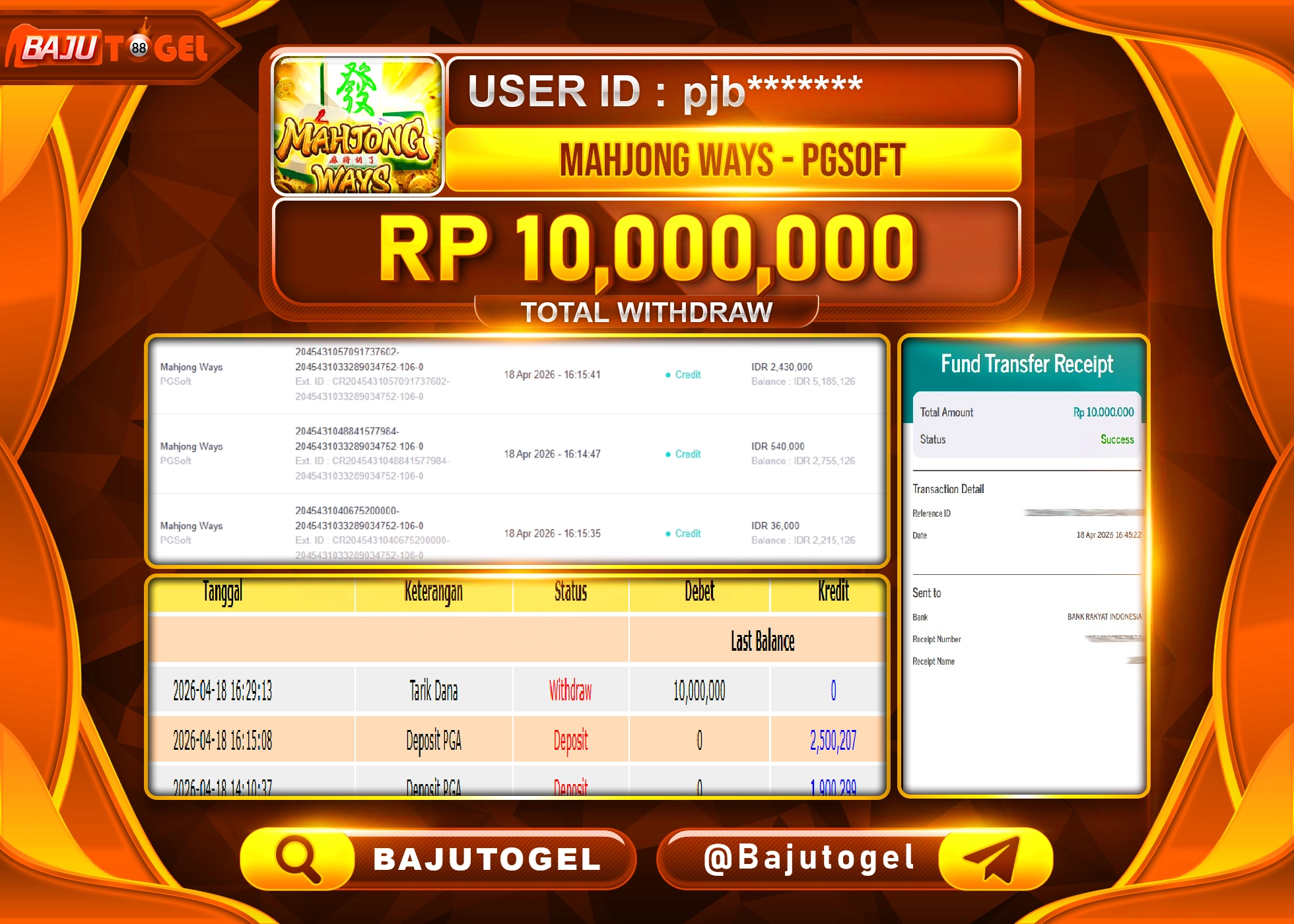 BAJUTOGEL KEMENANGAN DI MAHJONG WAYS PGSOFT  Rp.10,000,000 LUNAS