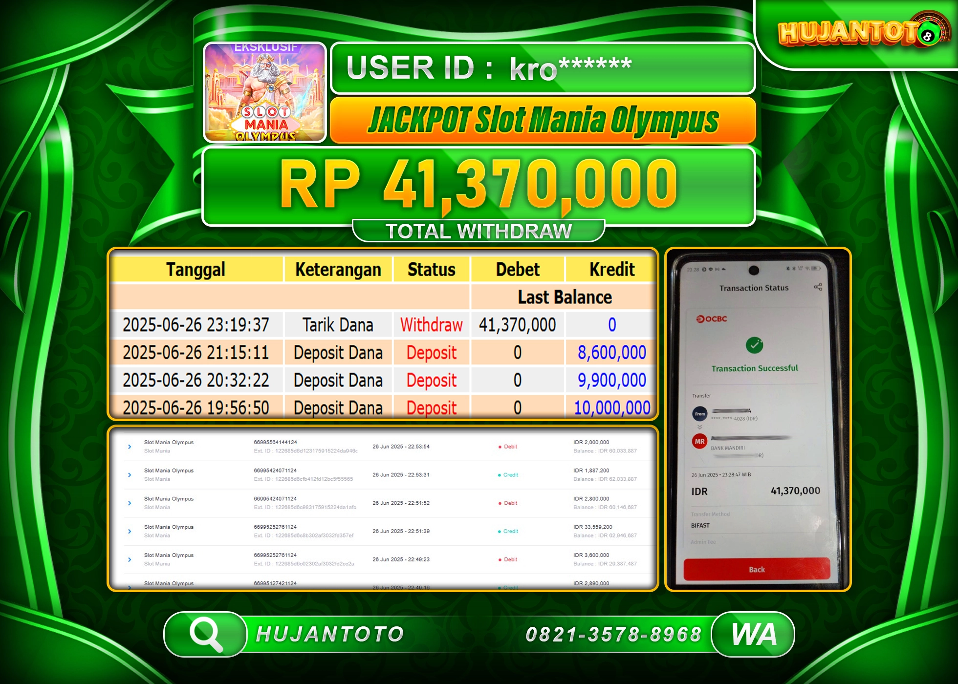 HUJANTOTO - BUKTI JACKPOT MENANG DI GAME SLOT MANIA OLYMPUS Rp.41,370,000 - TERBAYAR LUNAS