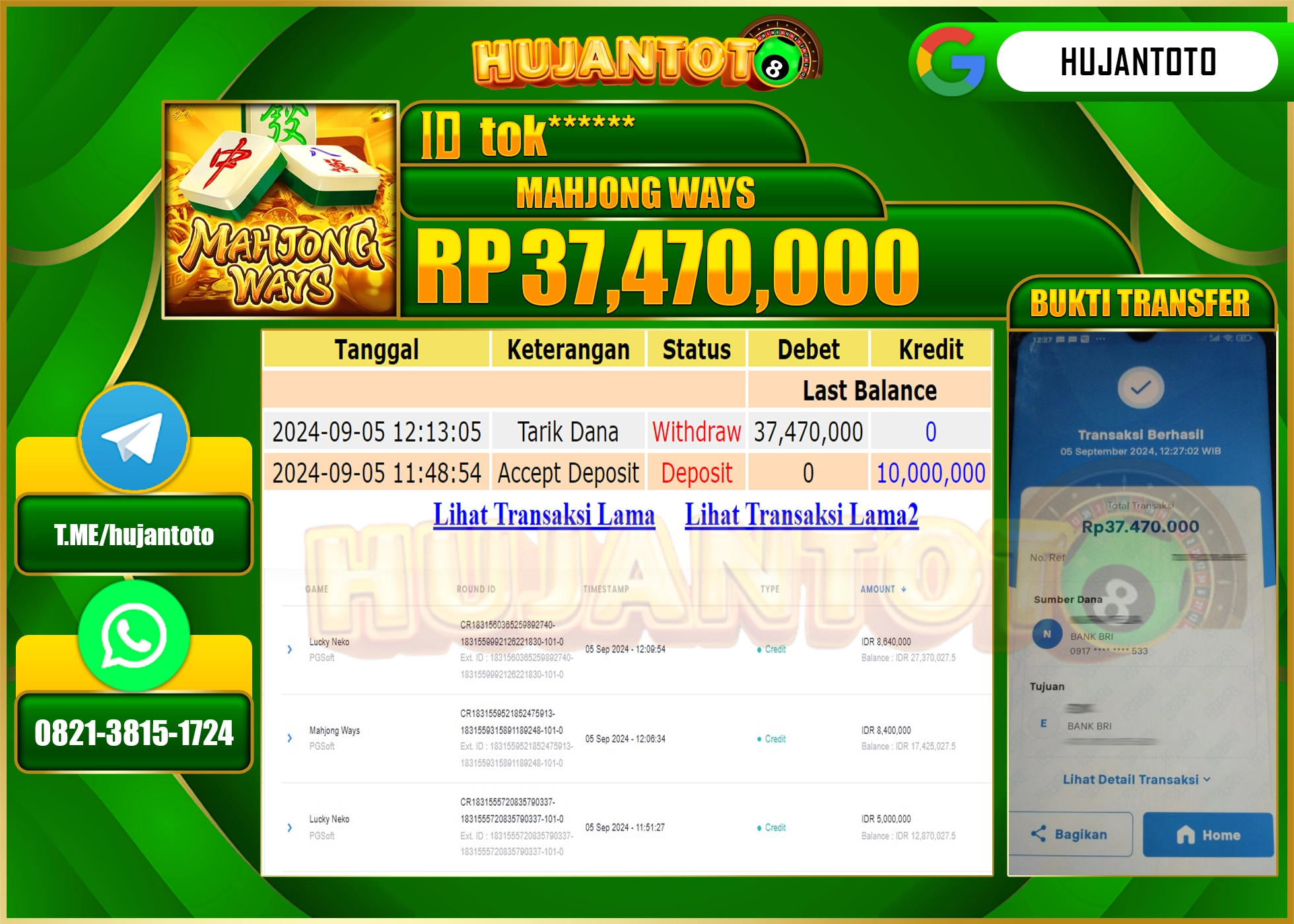 HUJANTOTO MENANG BESAR DI PERMAINAN MAHJONG WAYS  37,470.000 PG SOFT- LUNAS 