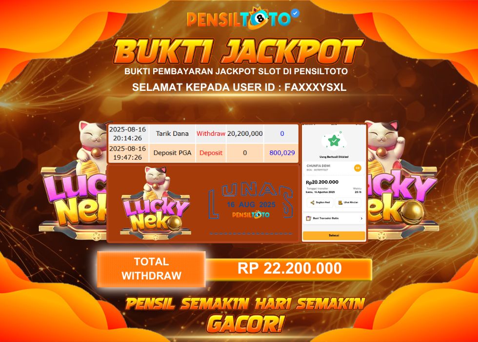 PENSILTOTO JACKPOT LUCKY NEKO SLOT  Rp.22.200.000,- LUNAS