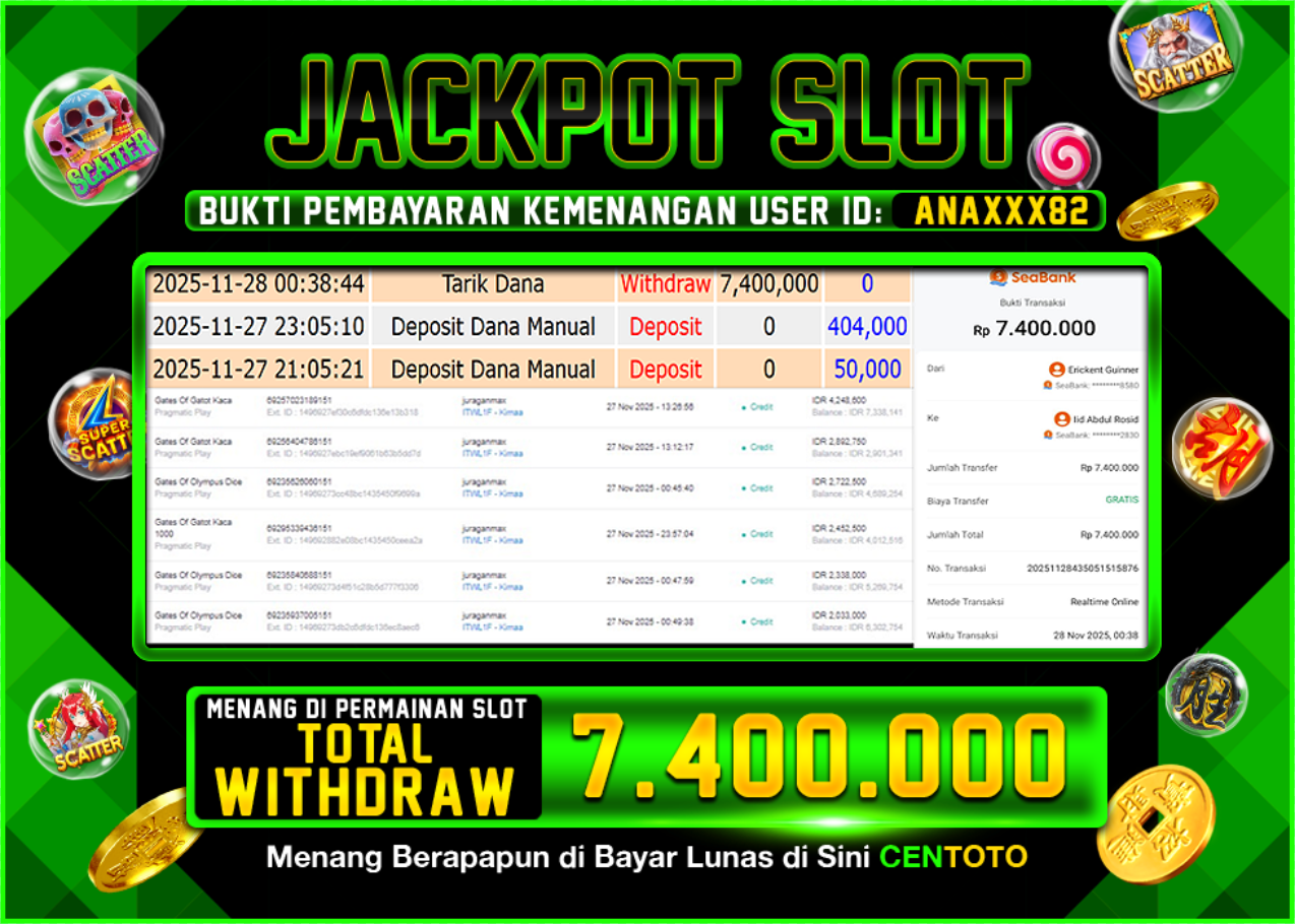 BUKTI JACKPOT SLOT CENTOTO  RP.7.400.000,-LUNAS