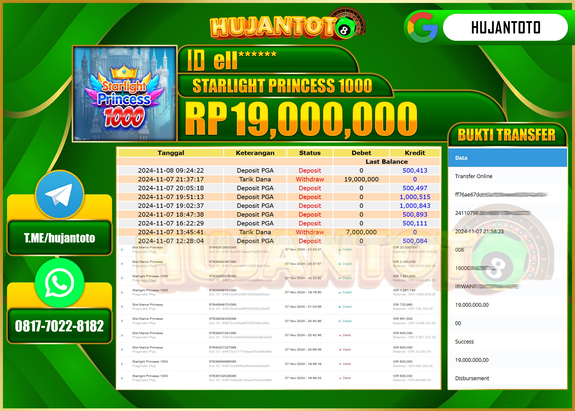 HUJANTOTO MENANG DI PERMAINAN SLOT STARLIGHT PRINCESS 1000  - 19,000,000 - LUNAS