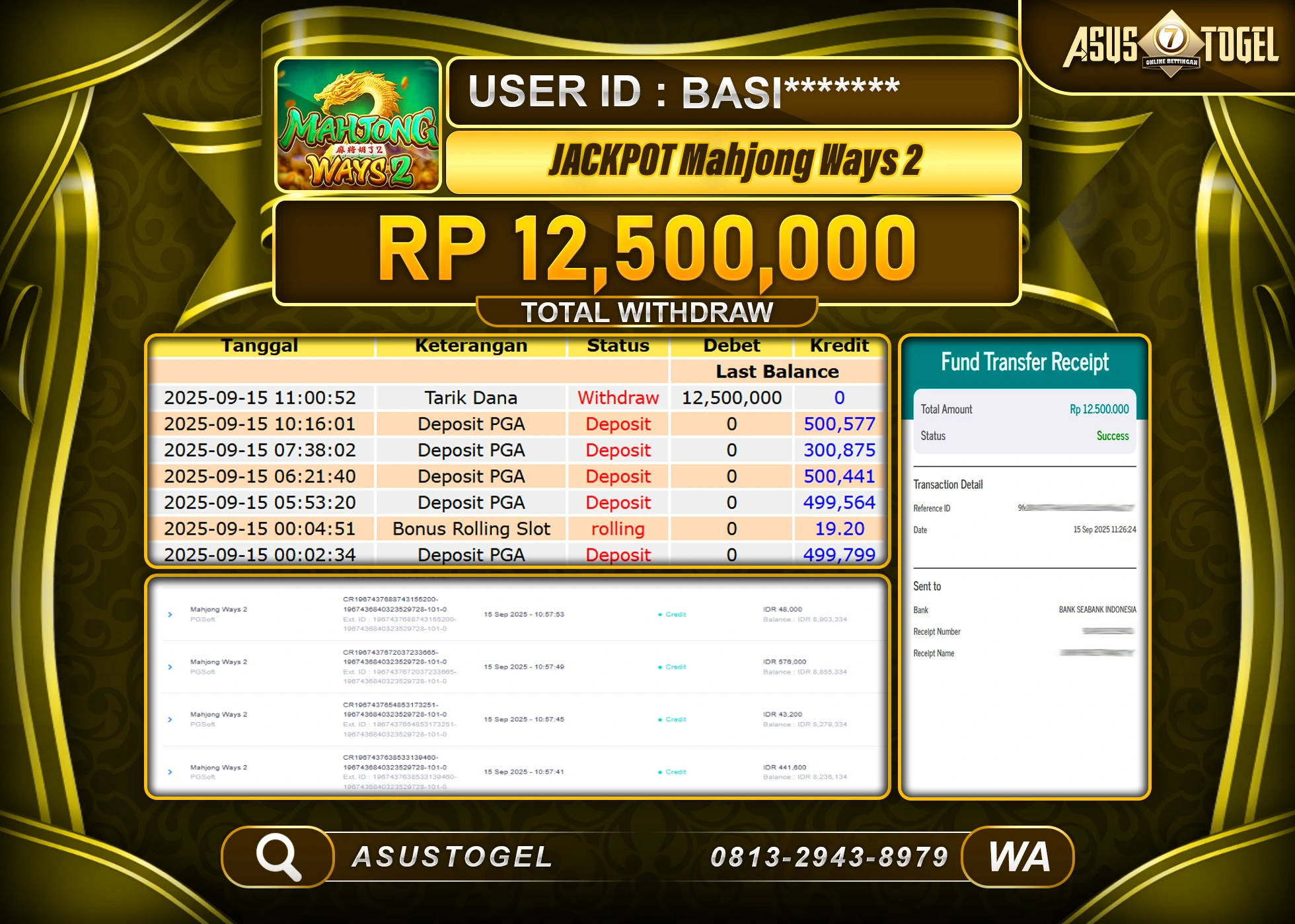 ASUSTOGEL KEMENANGAN DI SLOT MAHJONG WAYS 2 SEBESAR 12,500,000- RUPIAH LUNAS
