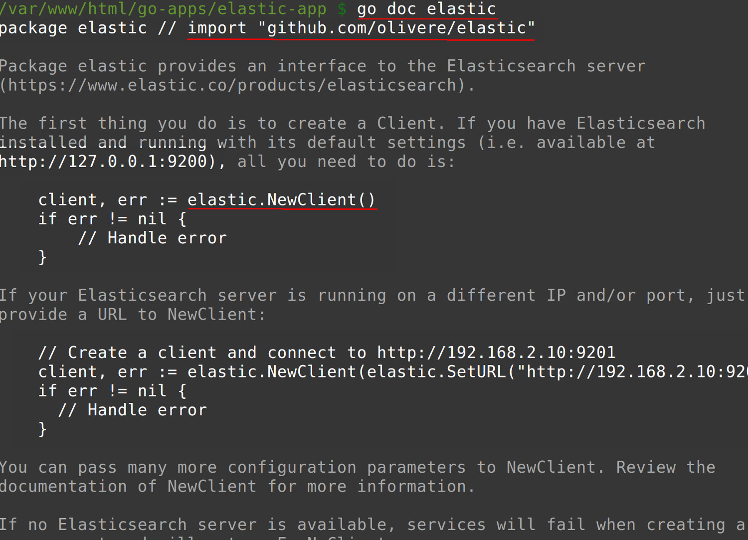 Terminal screenshot of the Golang go doc command to return information about the Olivere Elastic package