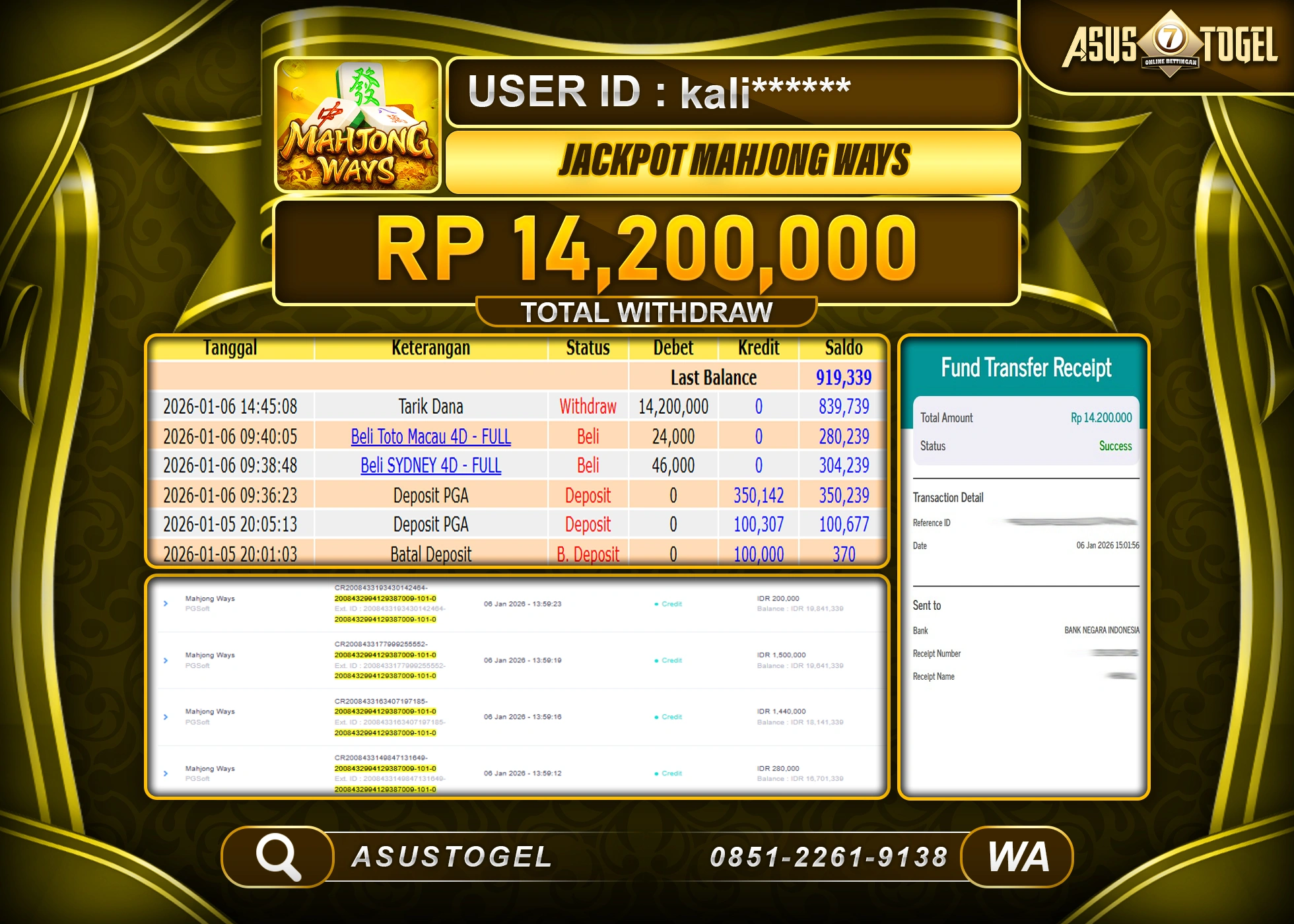 ASUSTOGEL KEMENANGAN DI SLOT MAHJONG WAYS  SEBESAR 14,200,000 - RUPIAH LUNAS