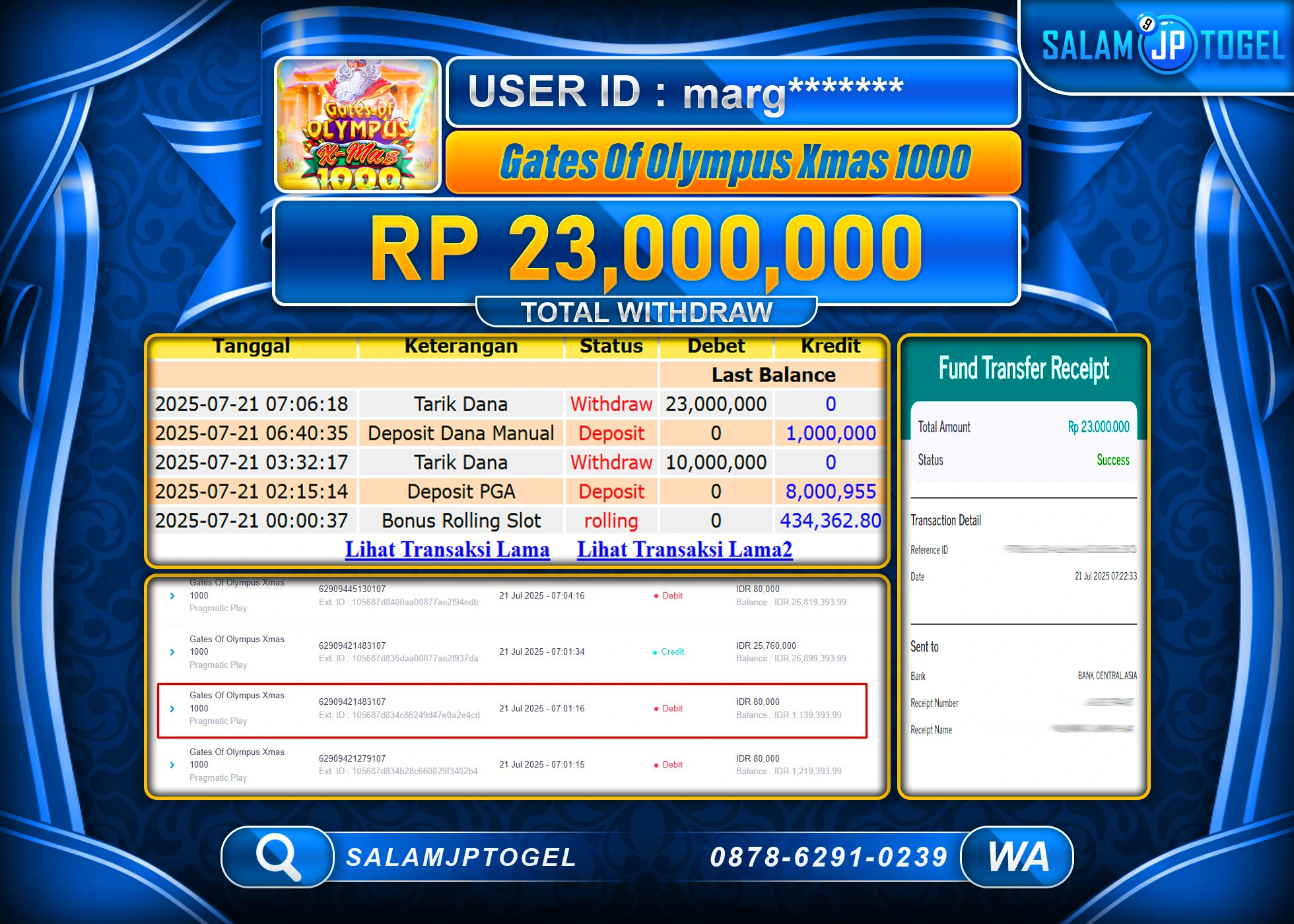 SALAMJPTOGEL MENANG GATES OF OLYMPUS XMAS 1000 Rp.23,000,000