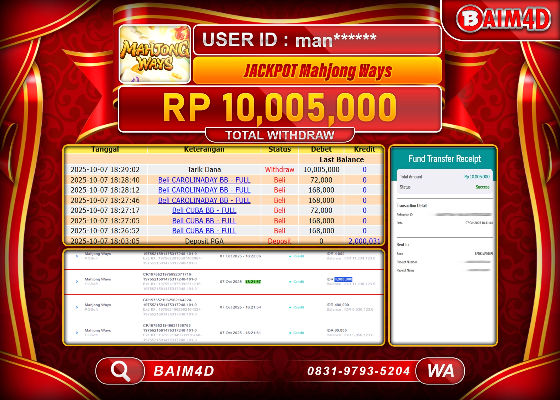 BAIM4D JACKPOT SLOT MAHJONG WAYS PG SOFT Rp.10,005,000.- LUNAS