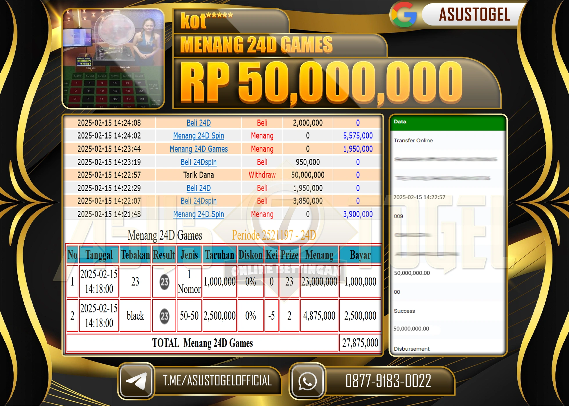 ASUSTOGEL KEMENANGAN DI LIVE GAMES 24D SPIN SEBESAR 50.000.000 - RUPIAH LUNAS