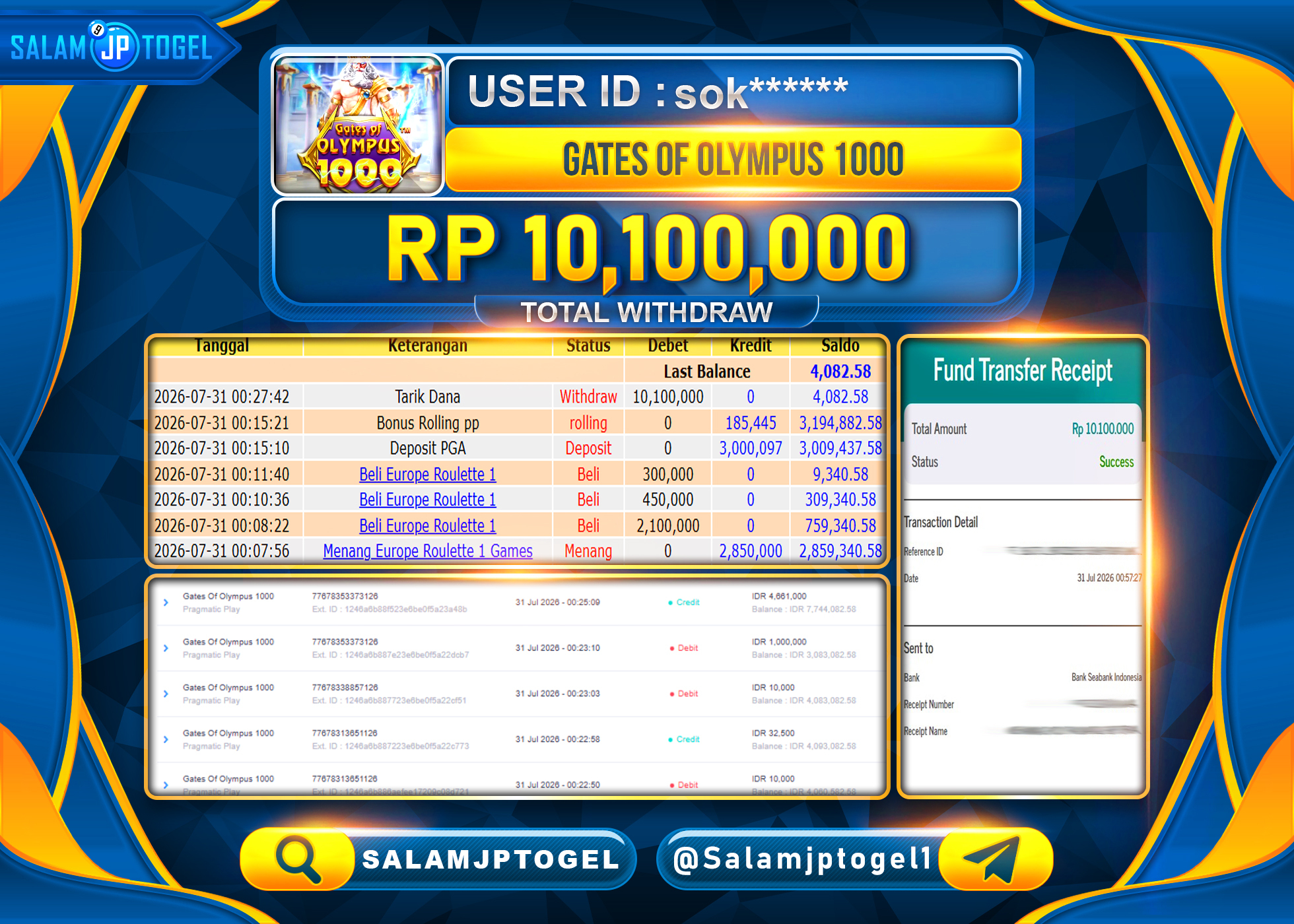 SALAMJPTOGEL JACKPOT MENANG SLOT GATES OF OLYMPUS 1000 Rp.10,100,000 - LUNAS